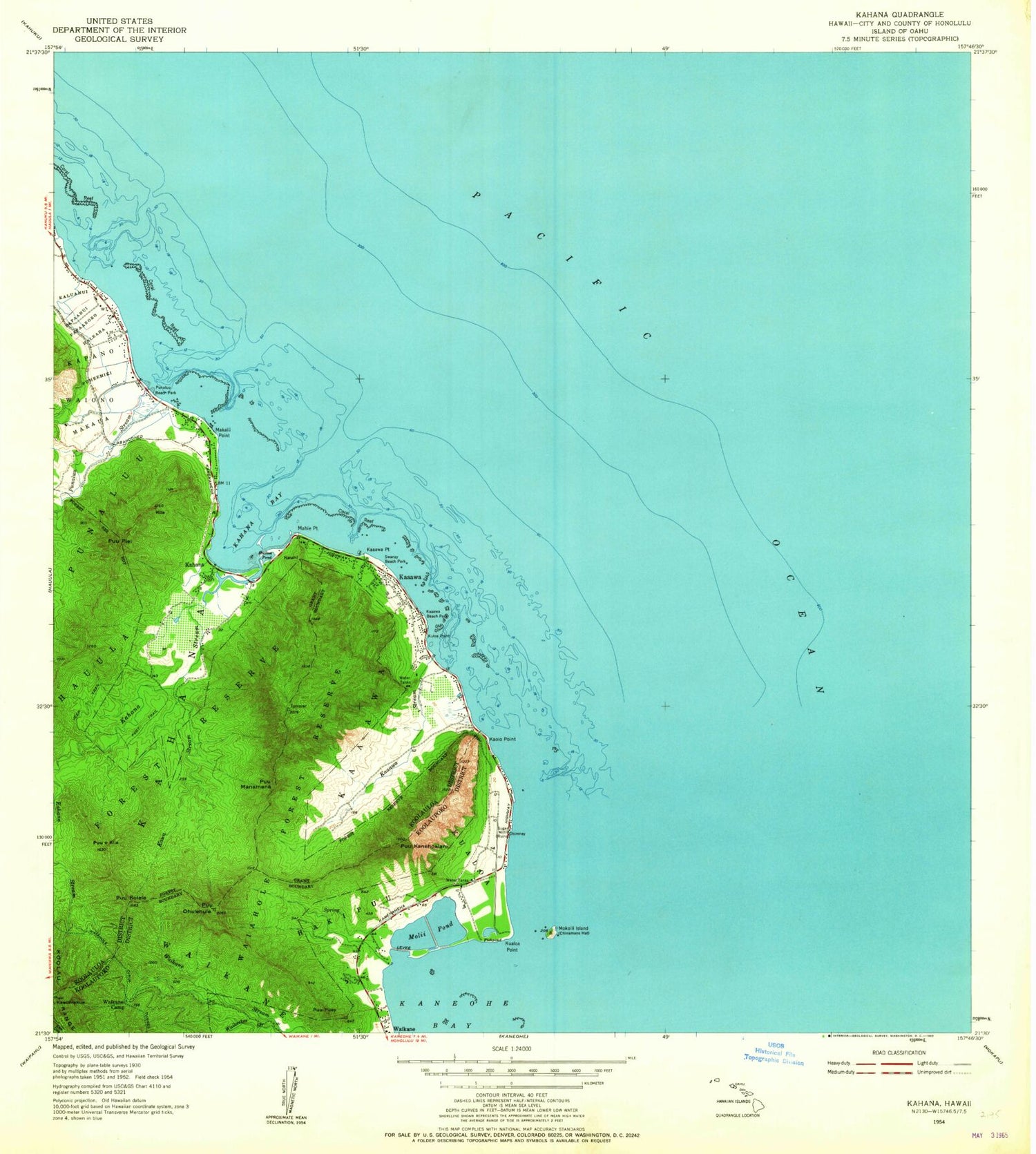 Classic USGS Kahana Hawaii 7.5'x7.5' Topo Map Image
