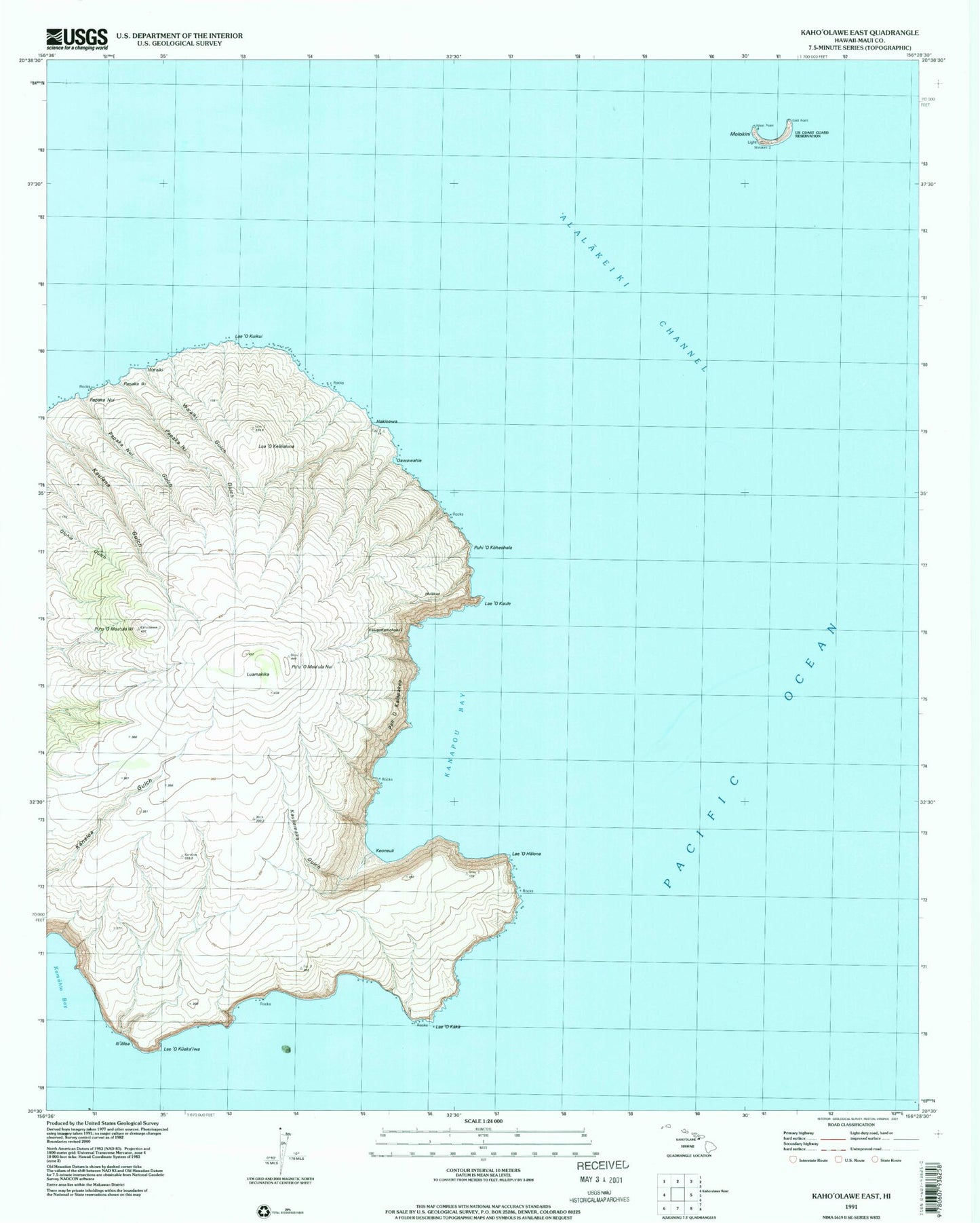 Classic USGS Kahoolawe East Hawaii 7.5'x7.5' Topo Map Image