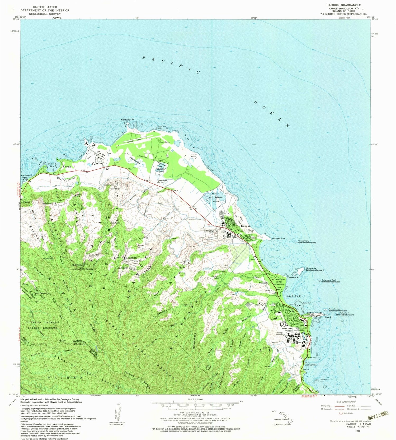 Classic USGS Kahuku Hawaii 7.5'x7.5' Topo Map Image