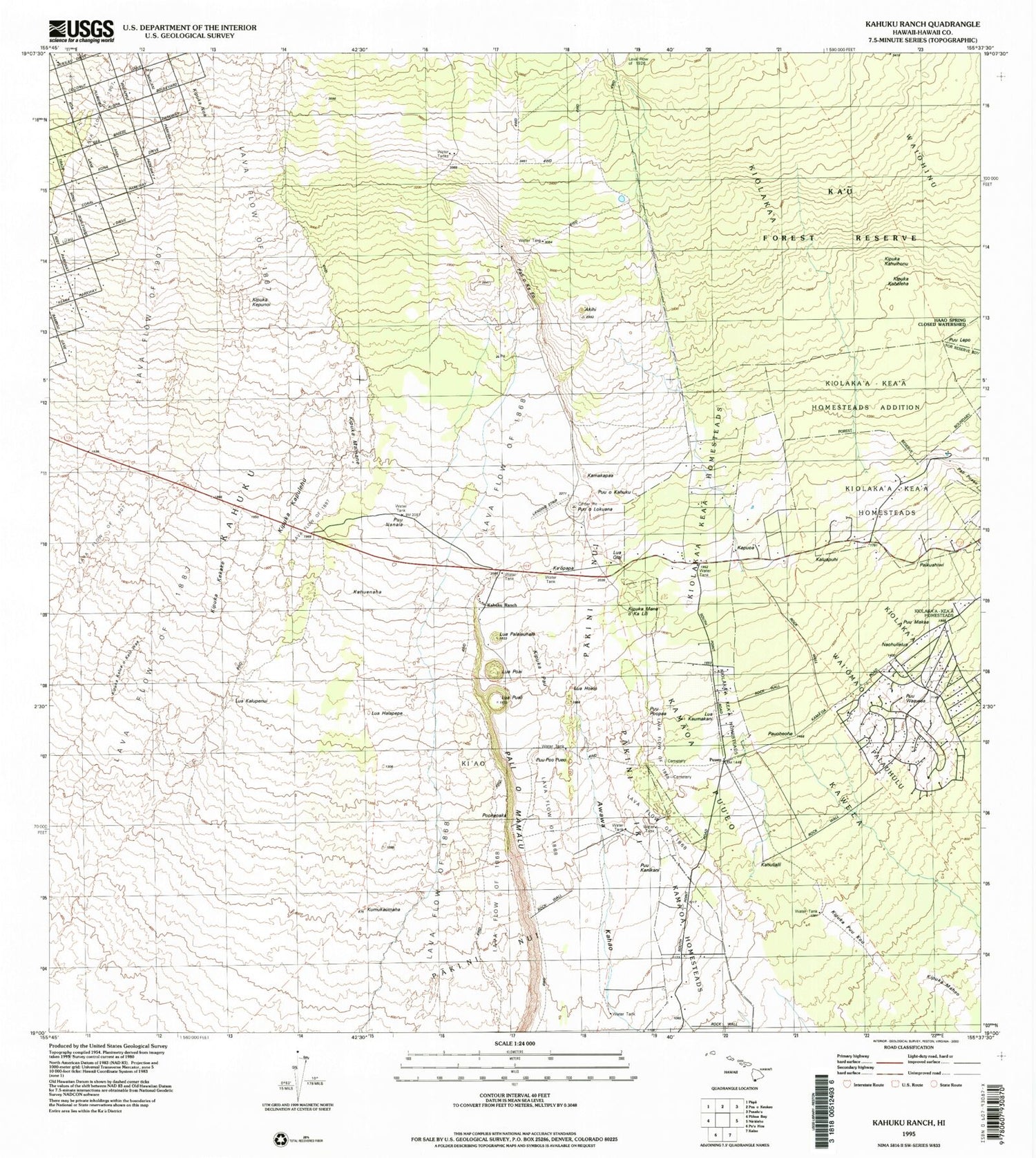 Classic USGS Kahuku Ranch Hawaii 7.5'x7.5' Topo Map Image