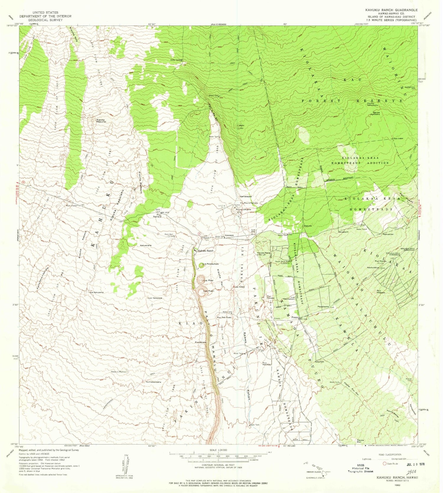 Classic USGS Kahuku Ranch Hawaii 7.5'x7.5' Topo Map Image