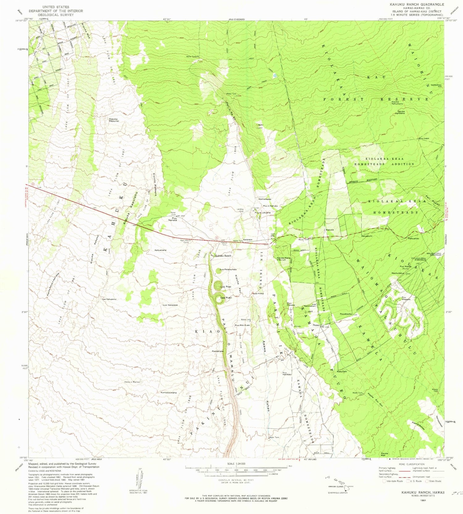 Classic USGS Kahuku Ranch Hawaii 7.5'x7.5' Topo Map Image
