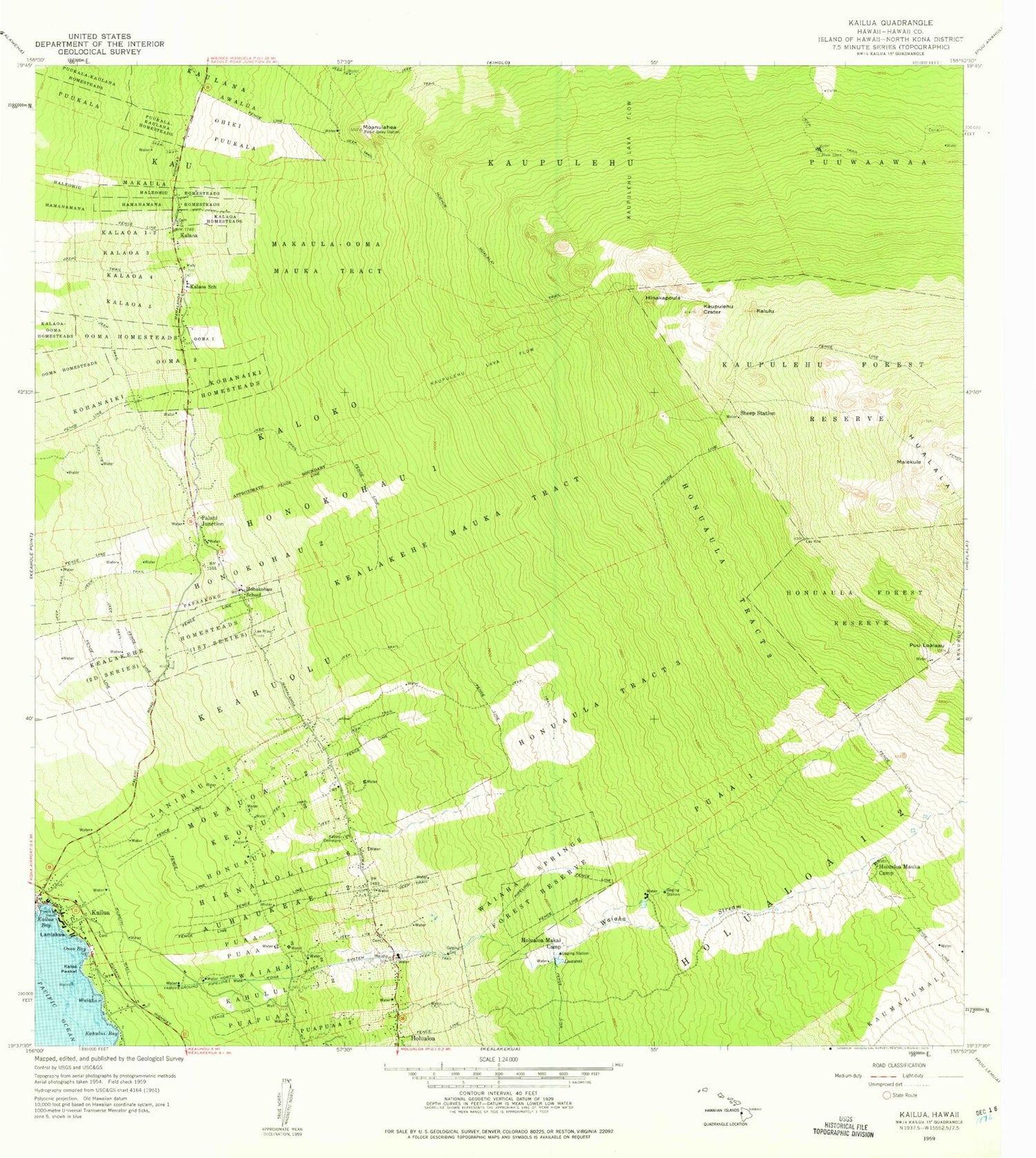 Classic USGS Kailua Hawaii 7.5'x7.5' Topo Map Image
