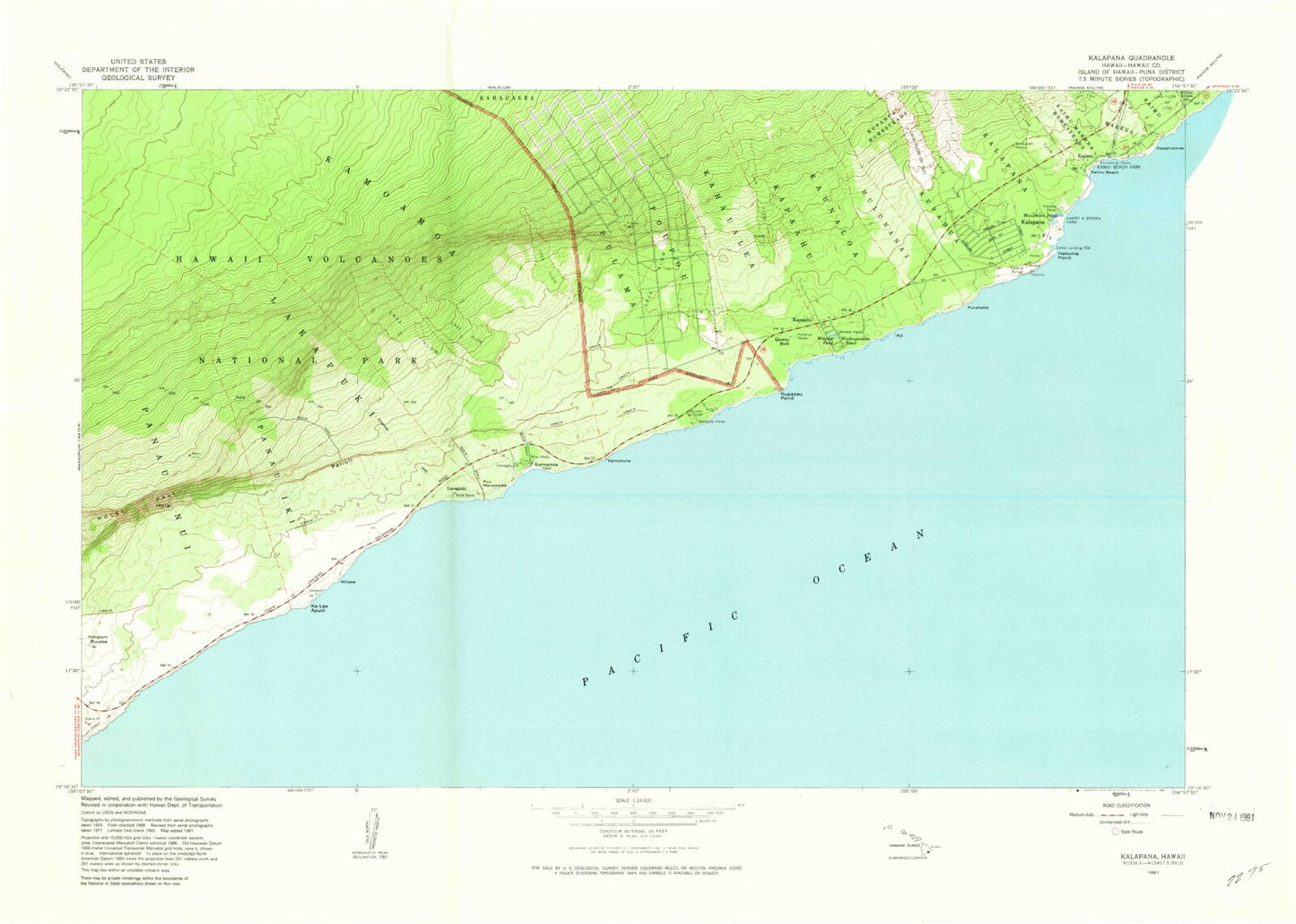 Classic USGS Kalapana Hawaii 7.5'x7.5' Topo Map Image