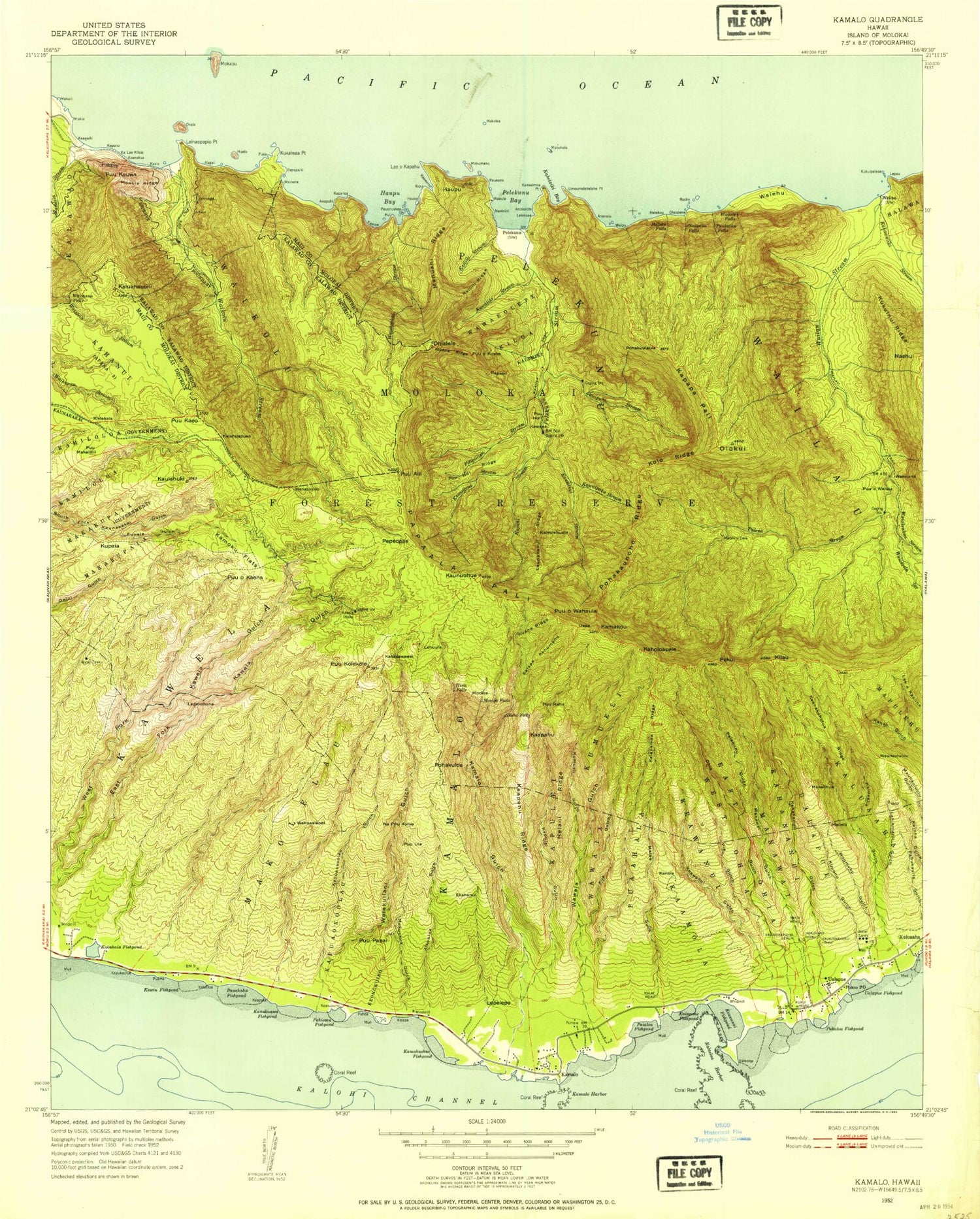 Classic USGS Kamalo Hawaii 7.5'x7.5' Topo Map Image
