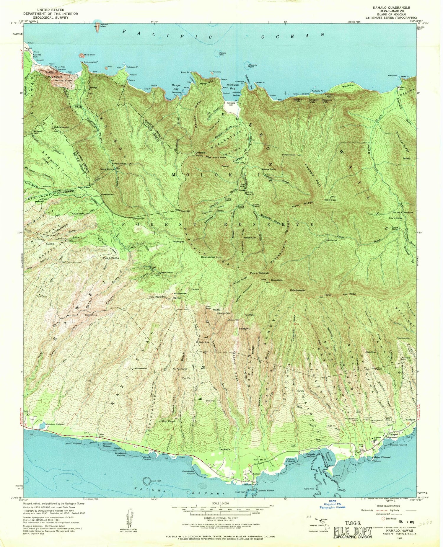 Classic USGS Kamalo Hawaii 7.5'x7.5' Topo Map Image