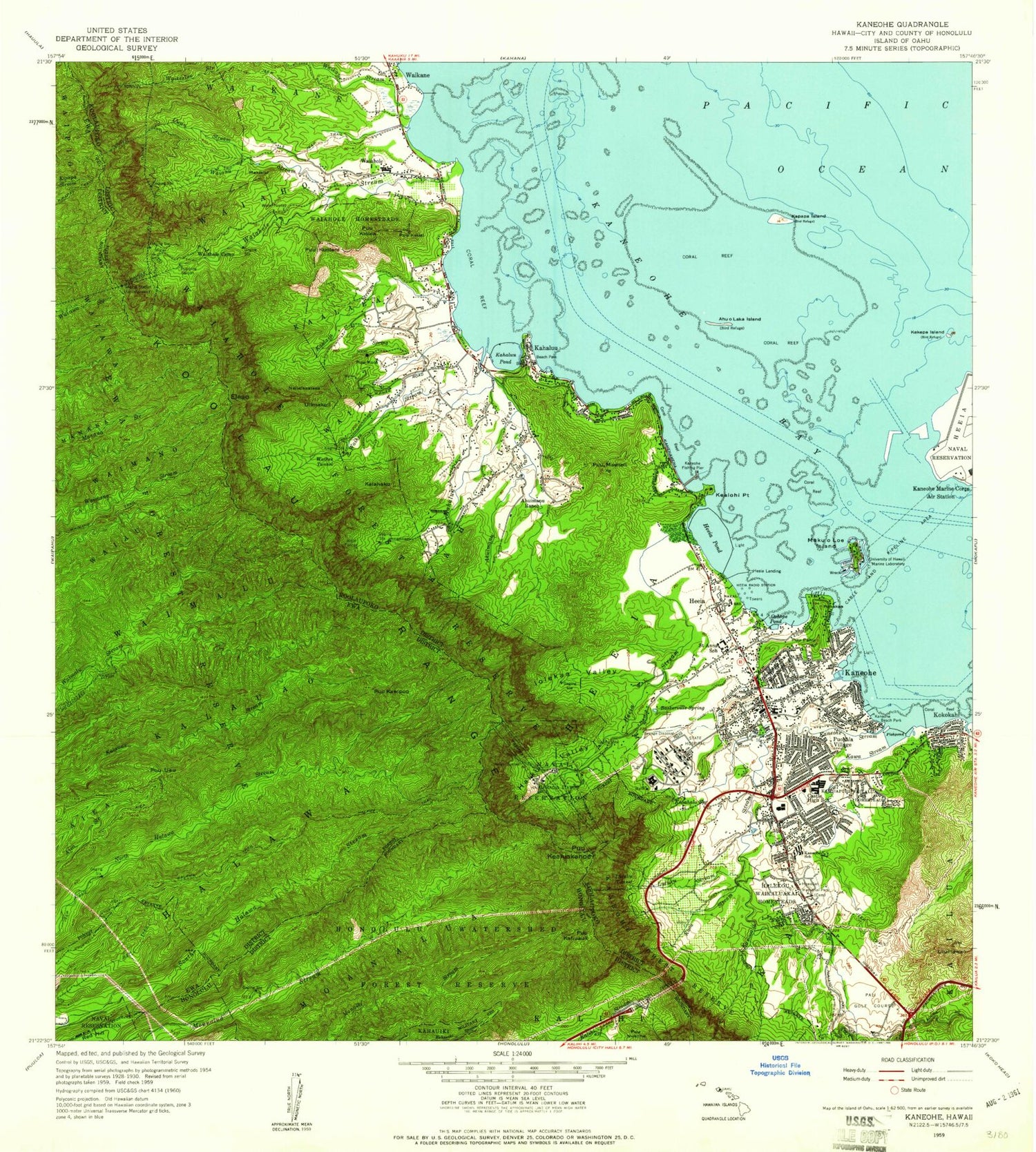 Classic USGS Kaneohe Hawaii 7.5'x7.5' Topo Map Image