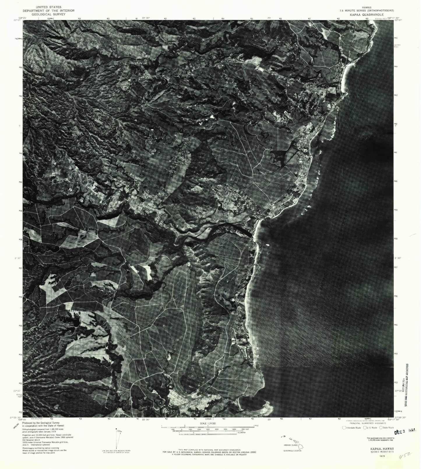 Classic USGS Kapaa Hawaii 7.5'x7.5' Topo Map Image