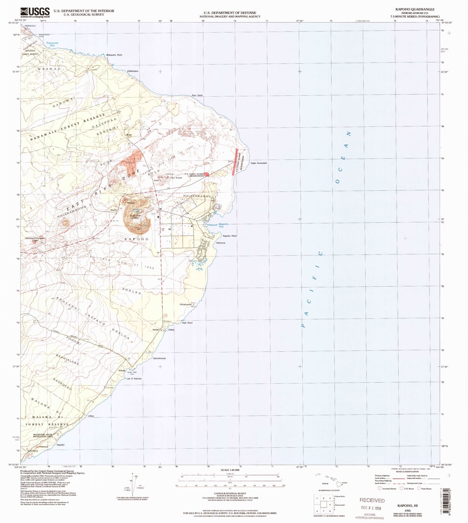 Classic USGS Kapoho Hawaii 7.5'x7.5' Topo Map Image