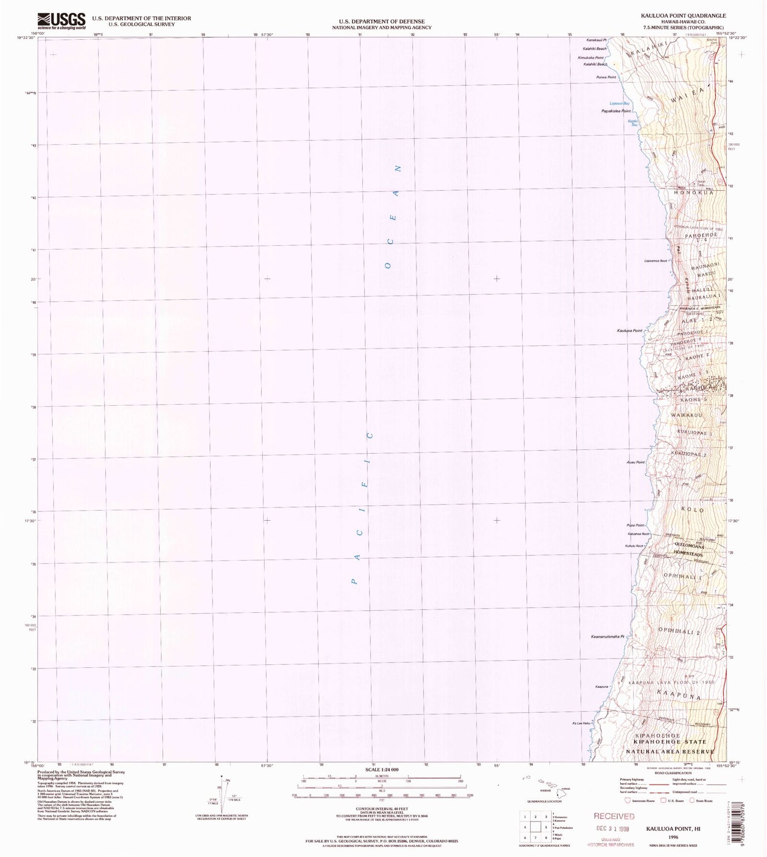 Classic USGS Kauluoa Point Hawaii 7.5'x7.5' Topo Map Image