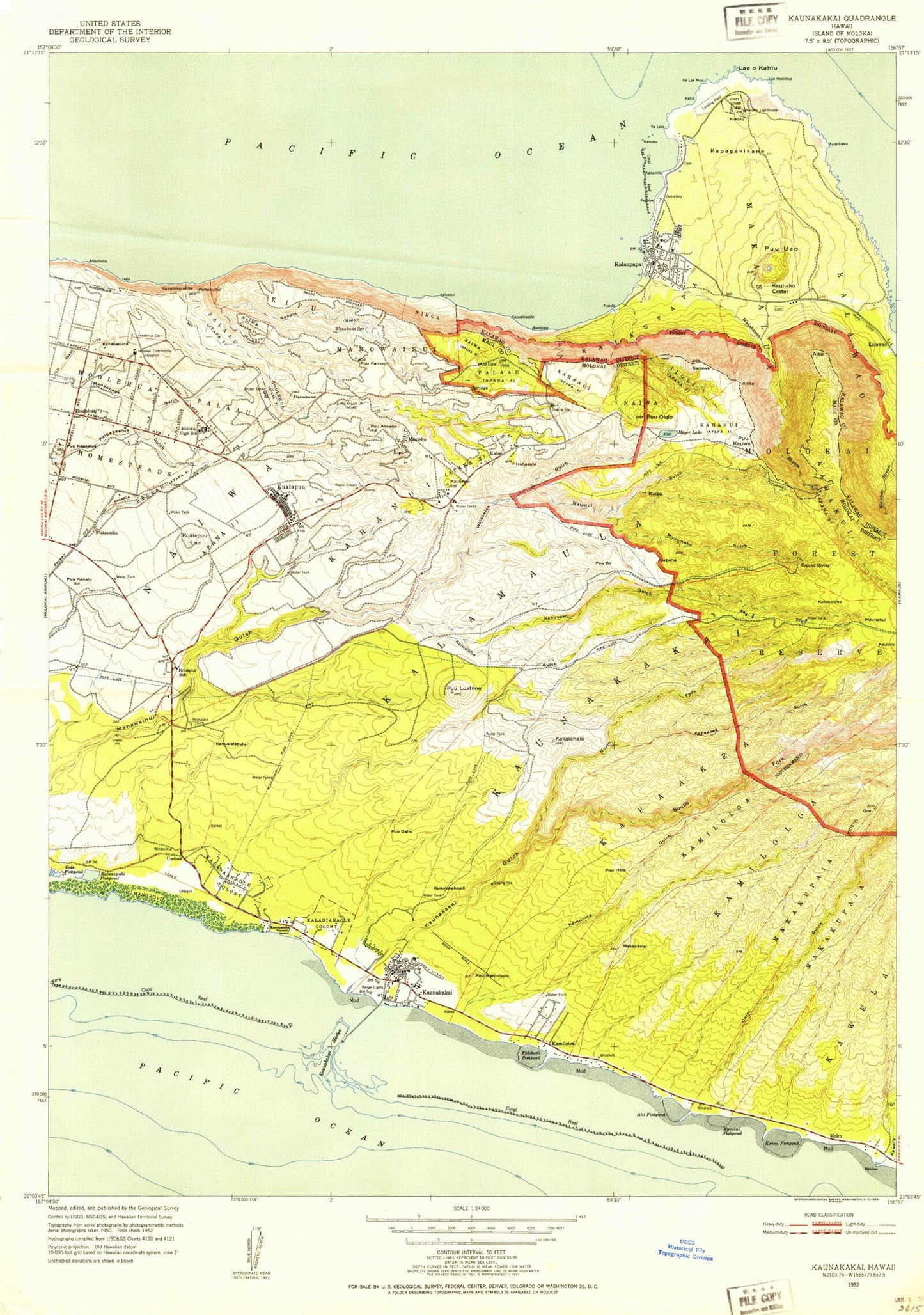 Classic USGS Kaunakakai Hawaii 7.5'x7.5' Topo Map Image