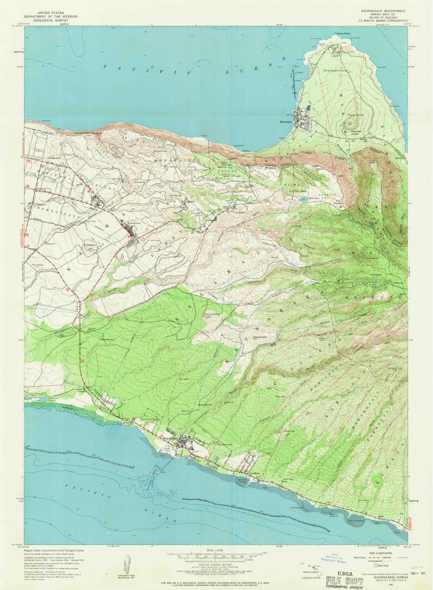 Classic USGS Kaunakakai Hawaii 7.5'x7.5' Topo Map Image
