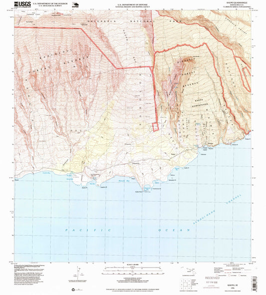Classic USGS Kaupo Hawaii 7.5'x7.5' Topo Map Image