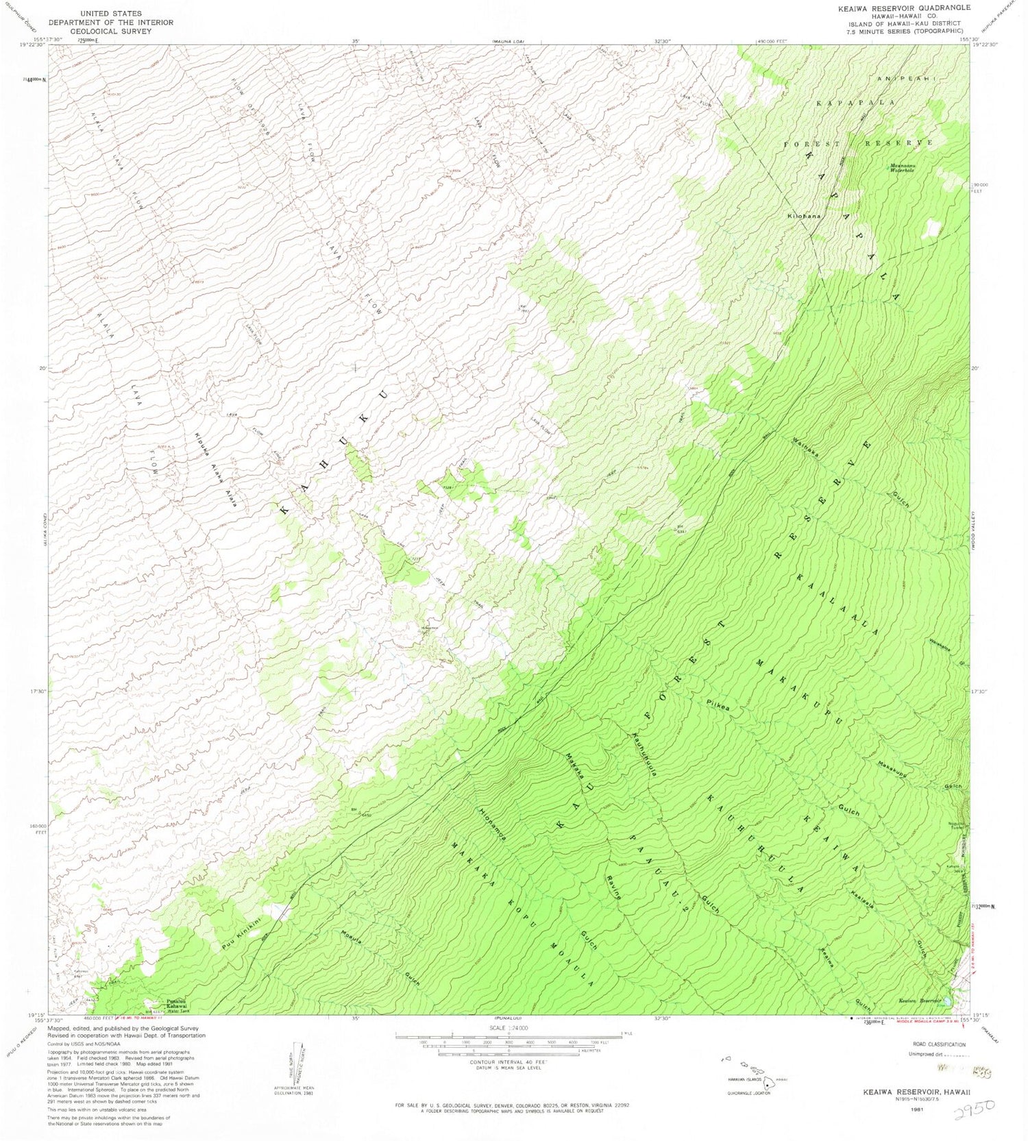 Classic USGS Puukinikini Hawaii 7.5'x7.5' Topo Map Image