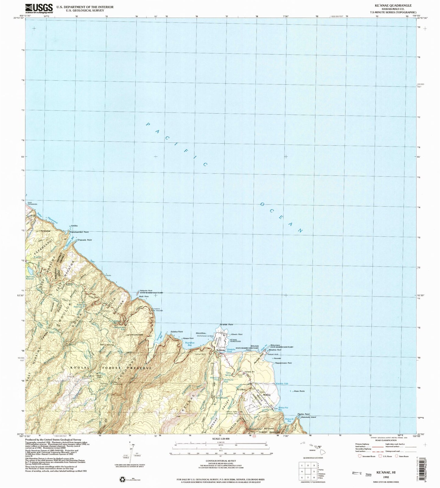 Classic USGS Keanae Hawaii 7.5'x7.5' Topo Map Image