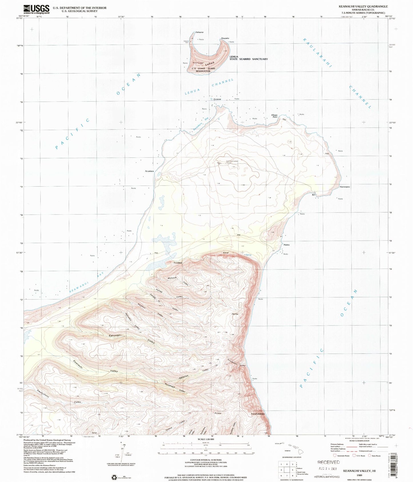 Classic USGS Keanauhi Valley Hawaii 7.5'x7.5' Topo Map Image