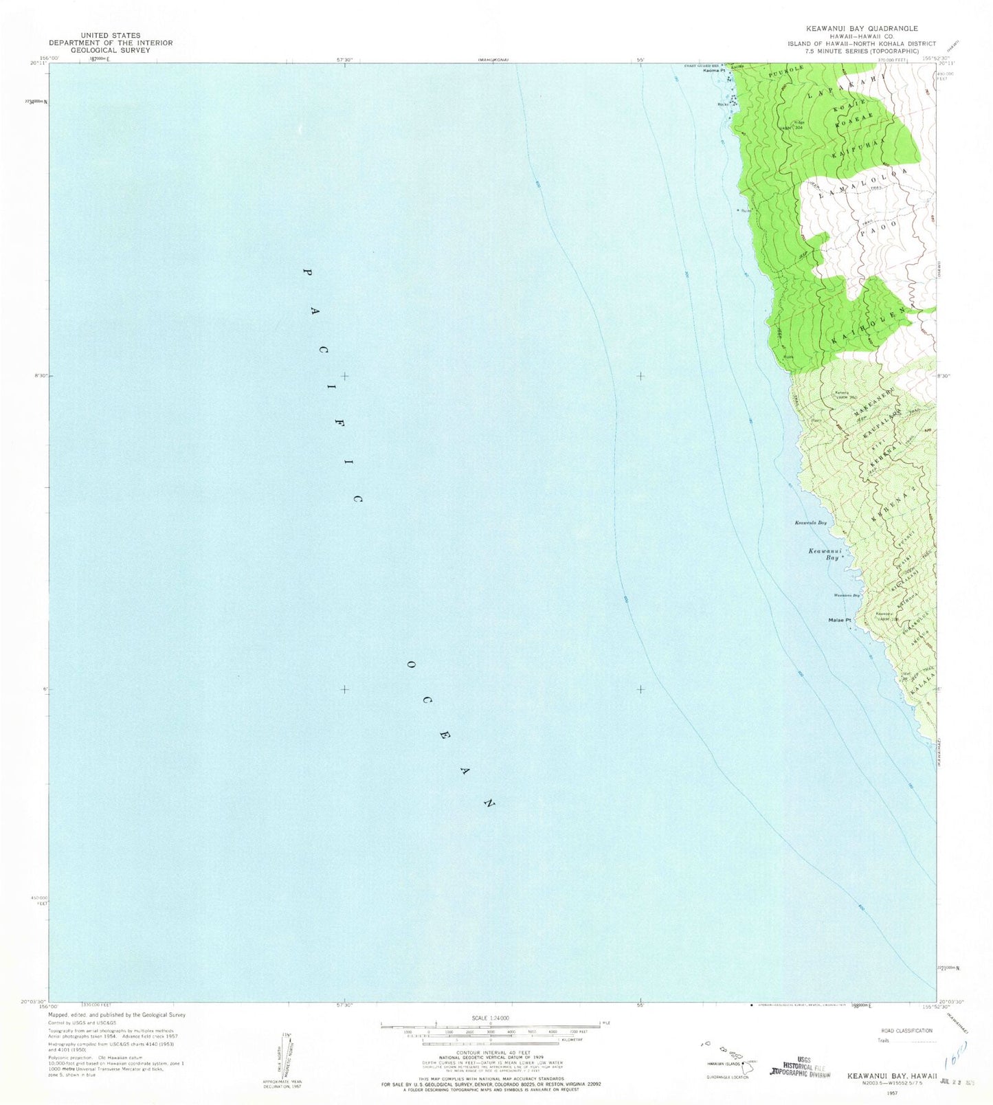 Classic USGS Keawanui Bay Hawaii 7.5'x7.5' Topo Map Image