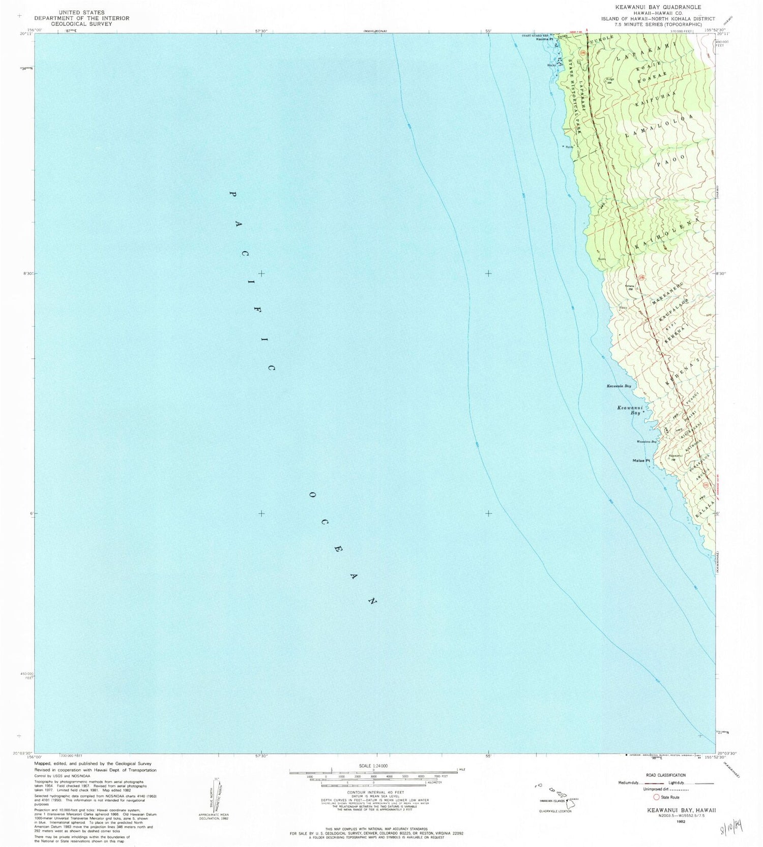 Classic USGS Keawanui Bay Hawaii 7.5'x7.5' Topo Map Image