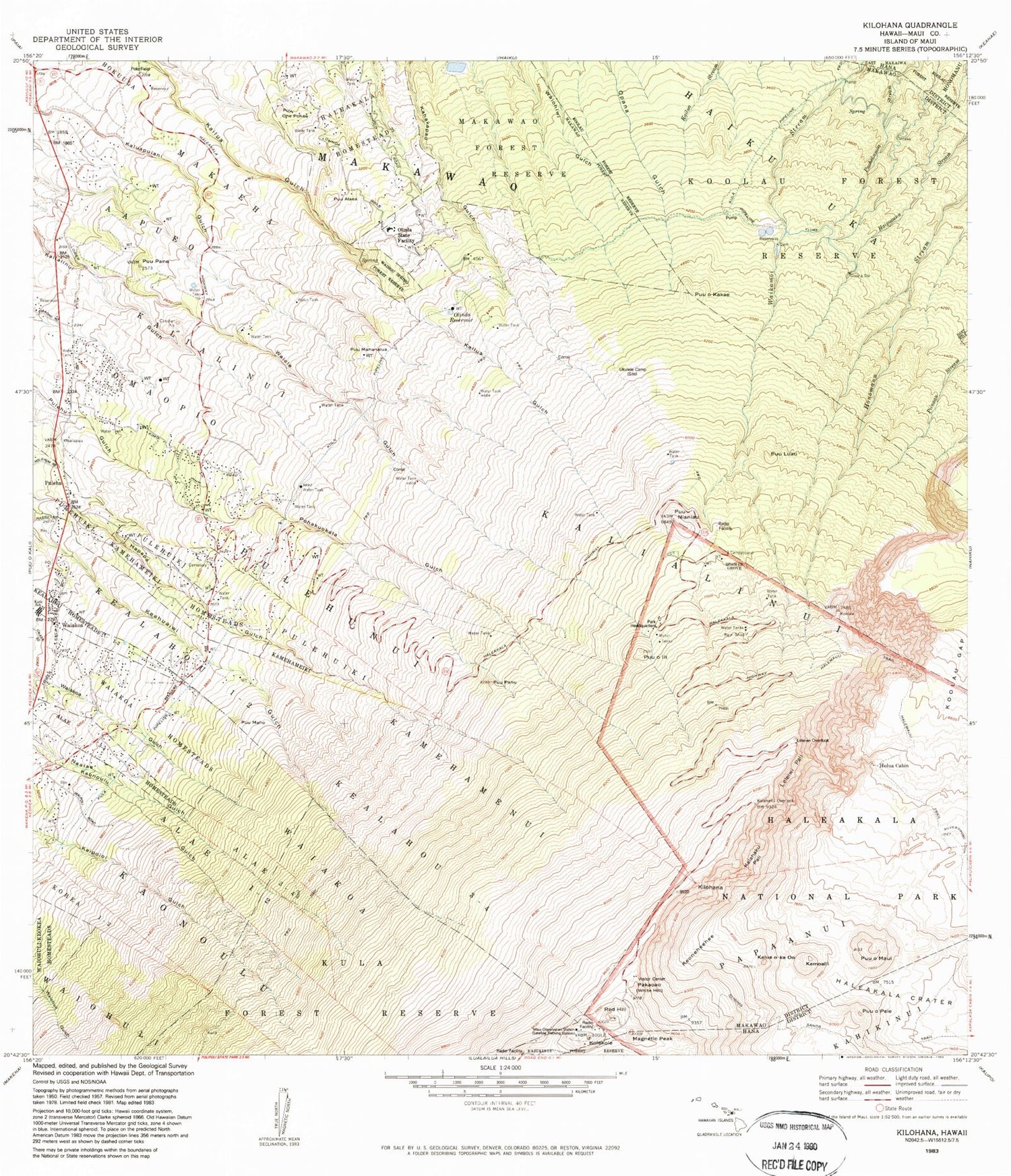 Classic USGS Kilohana Hawaii 7.5'x7.5' Topo Map Image