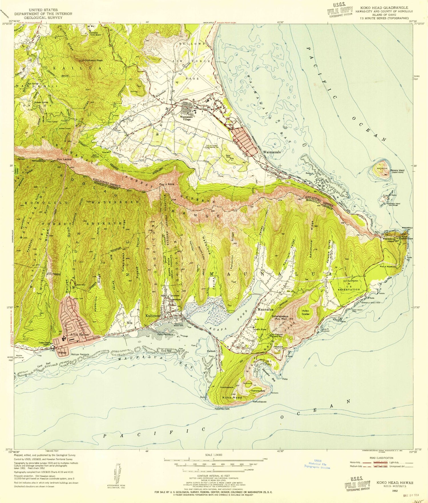 Classic USGS Koko Head Hawaii 7.5'x7.5' Topo Map Image