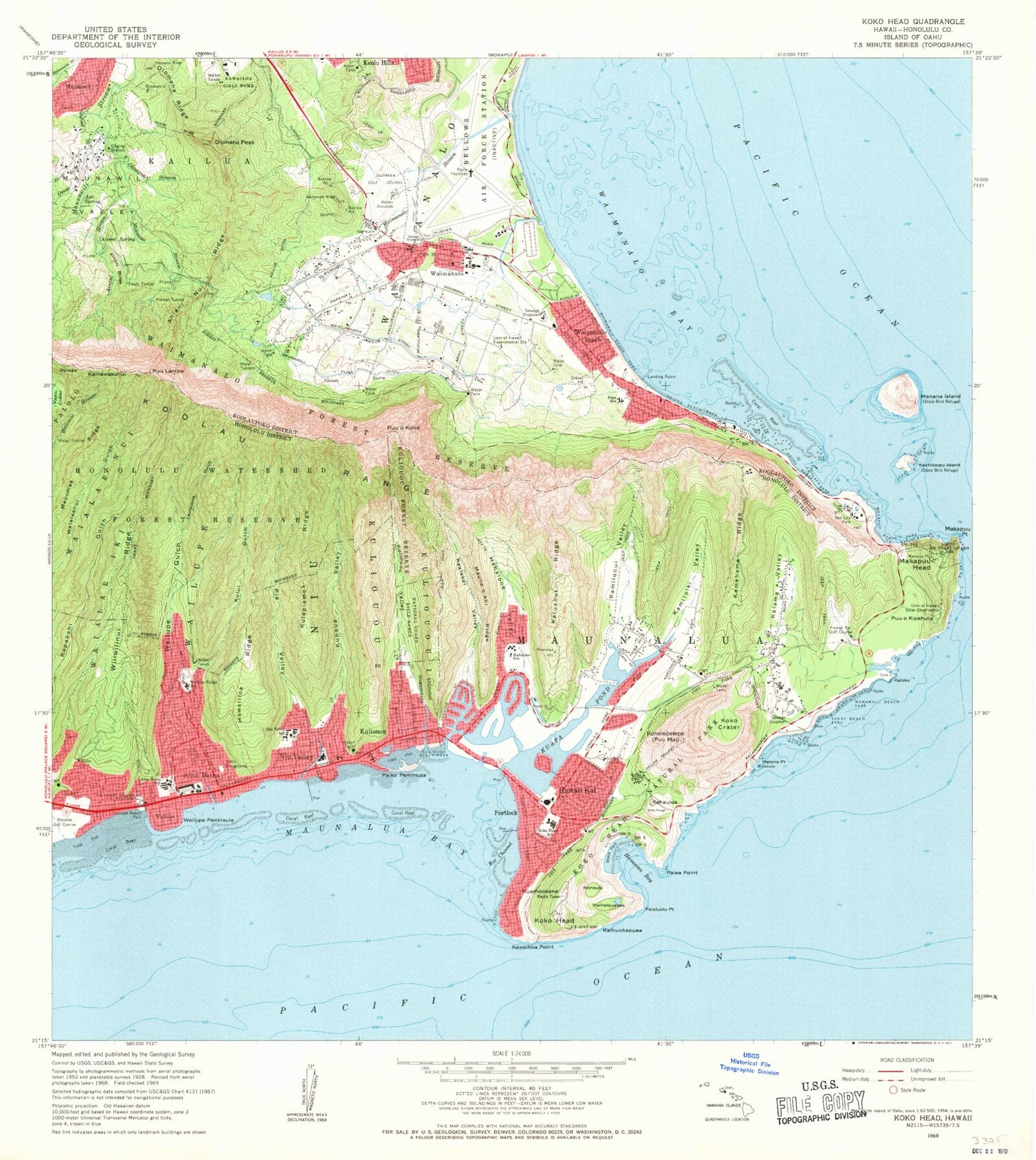 Classic USGS Koko Head Hawaii 7.5'x7.5' Topo Map Image