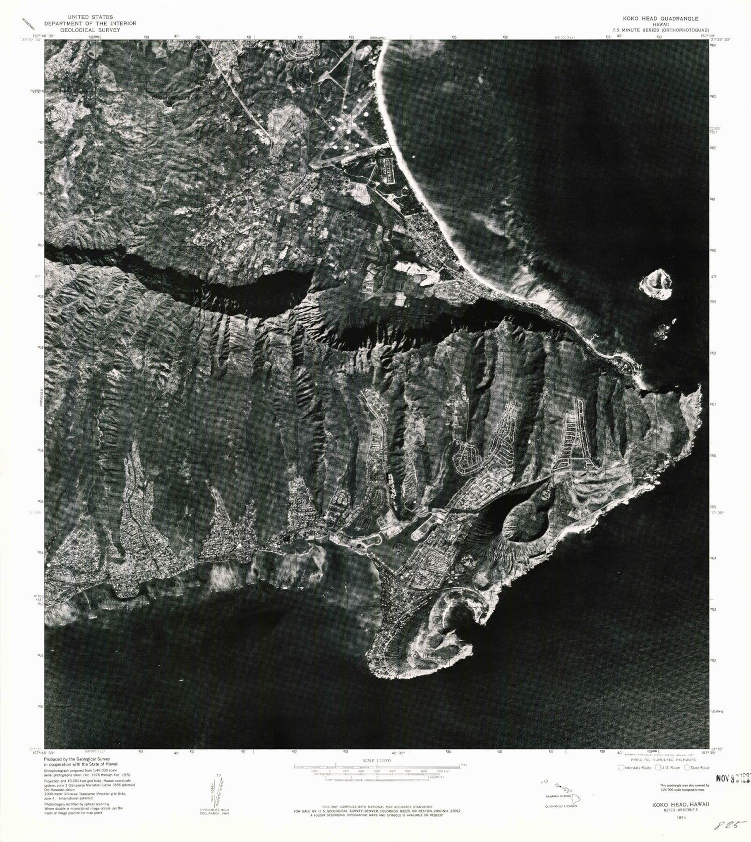 Classic USGS Koko Head Hawaii 7.5'x7.5' Topo Map Image