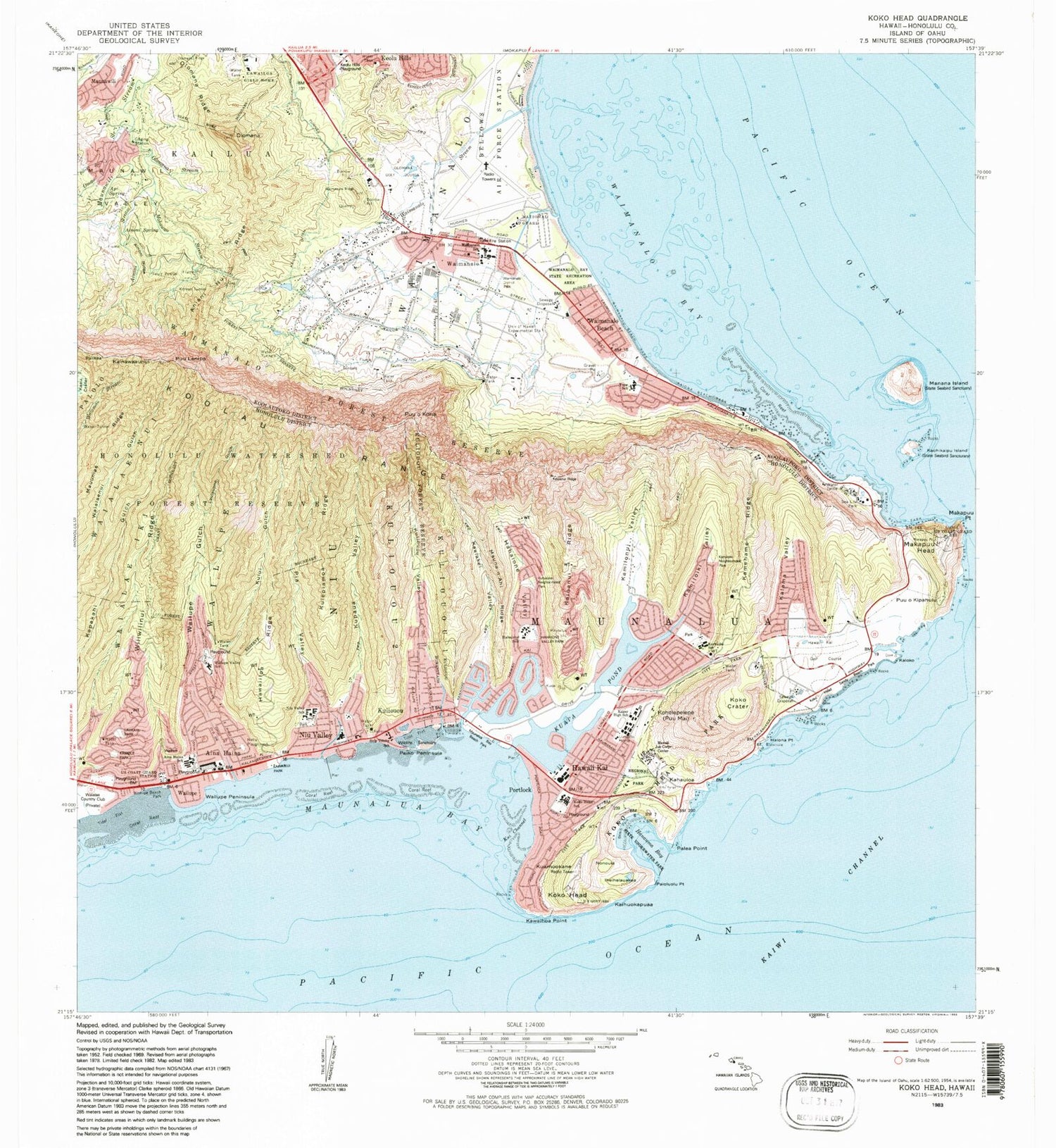 Classic USGS Koko Head Hawaii 7.5'x7.5' Topo Map Image