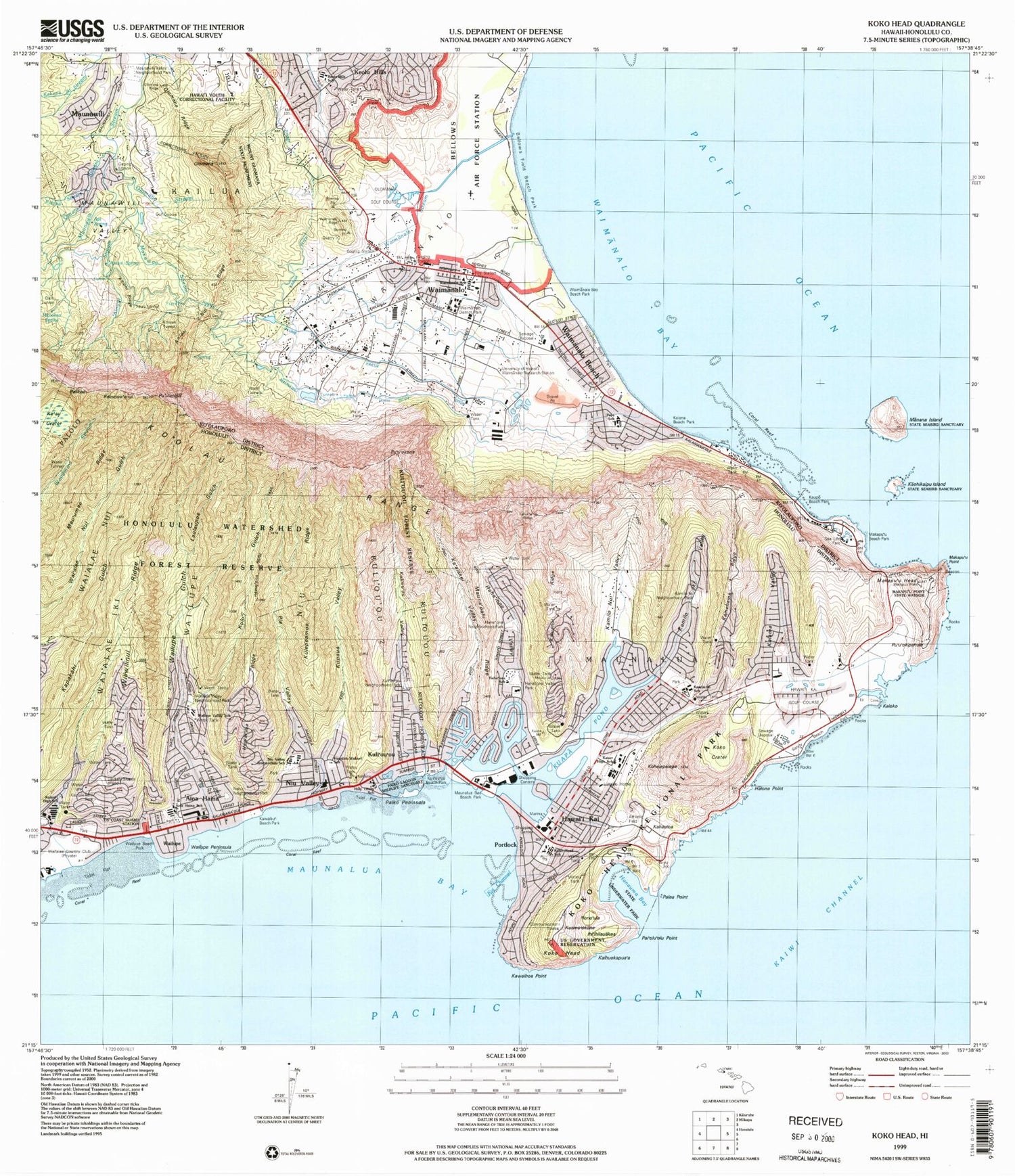 Classic USGS Koko Head Hawaii 7.5'x7.5' Topo Map Image
