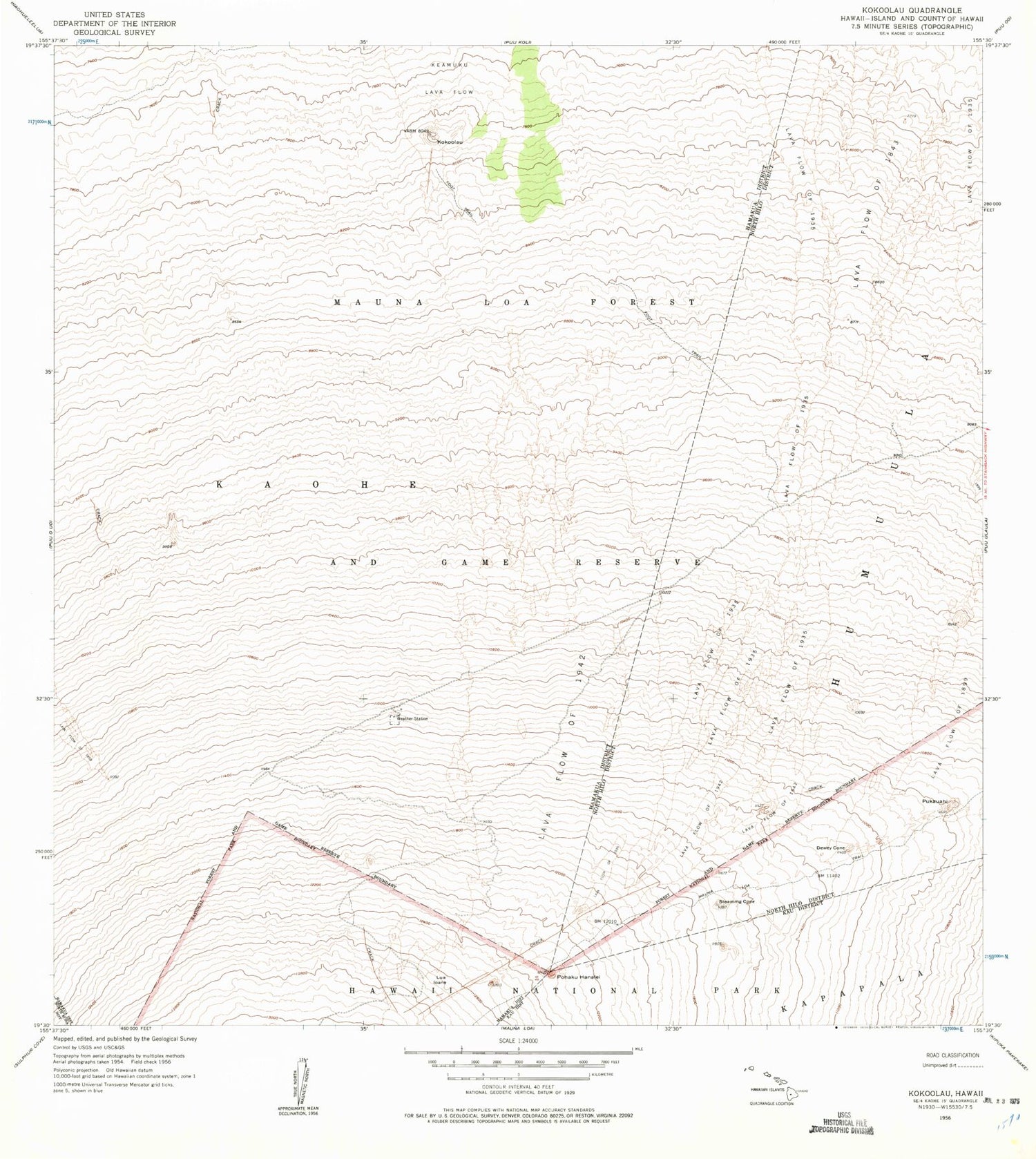 Classic USGS Kokoolau Hawaii 7.5'x7.5' Topo Map Image