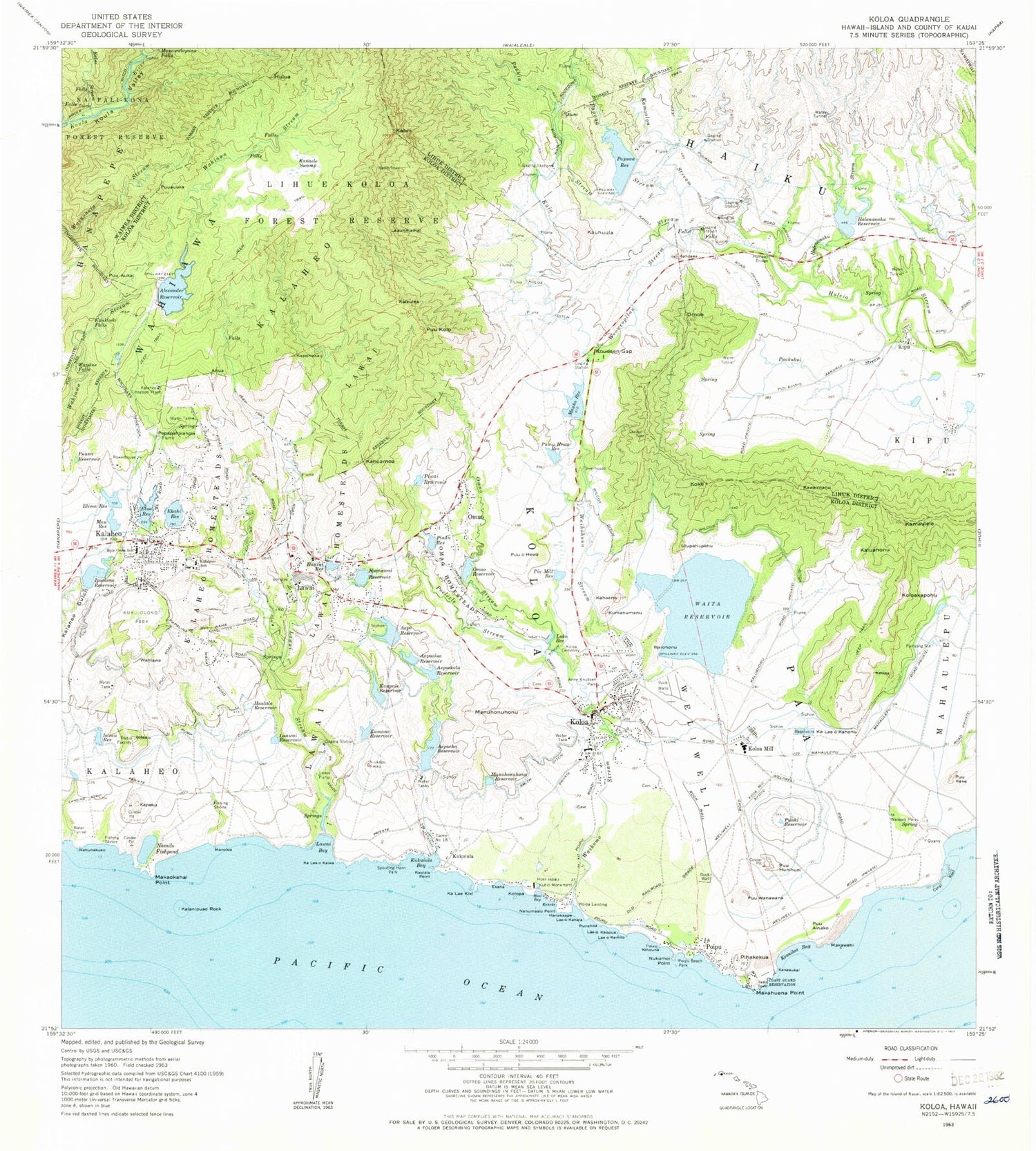 Classic USGS Koloa Hawaii 7.5'x7.5' Topo Map Image
