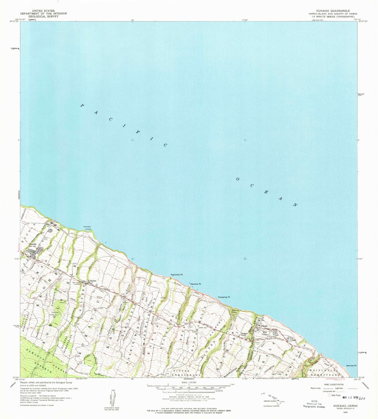 Classic USGS Kukaiau Hawaii 7.5'x7.5' Topo Map Image