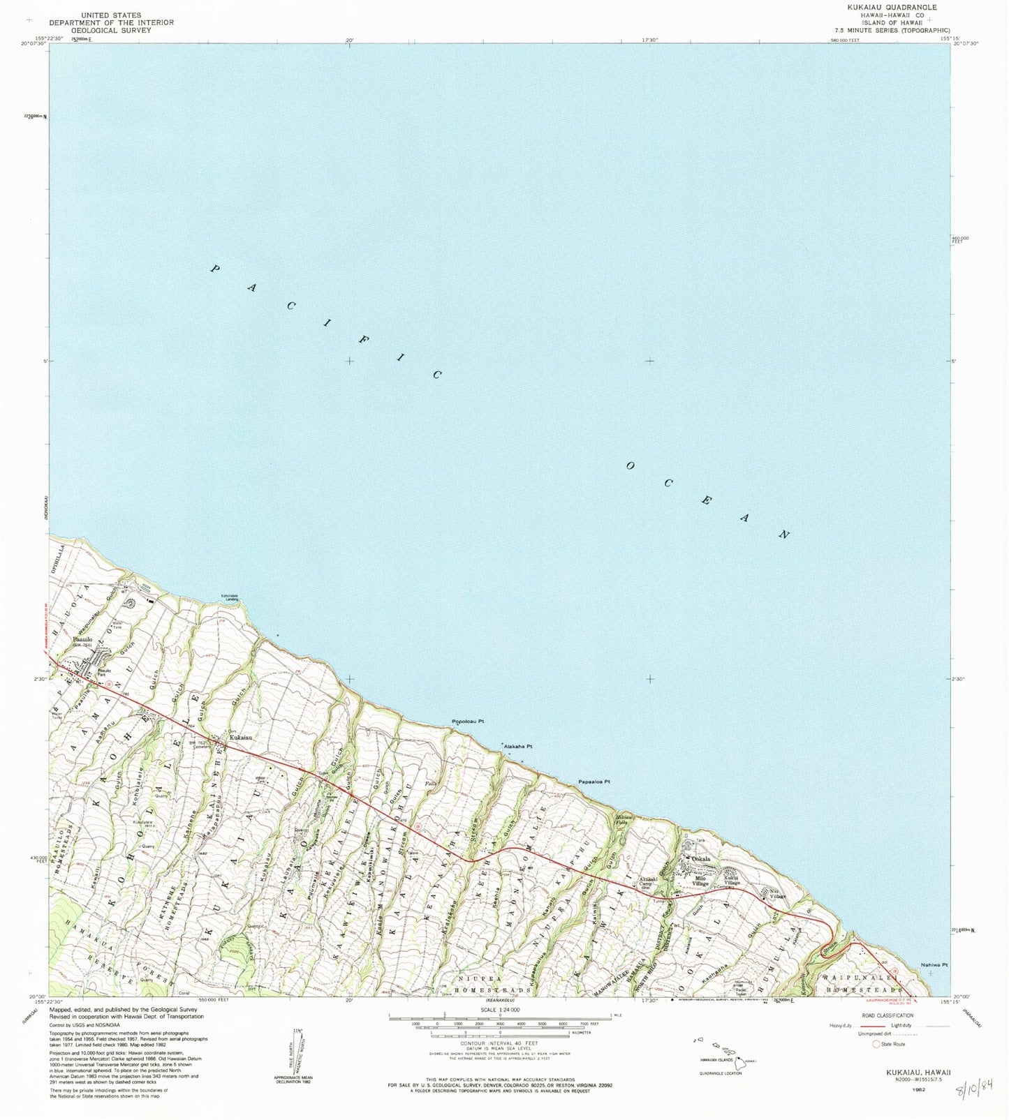 Classic USGS Kukaiau Hawaii 7.5'x7.5' Topo Map Image