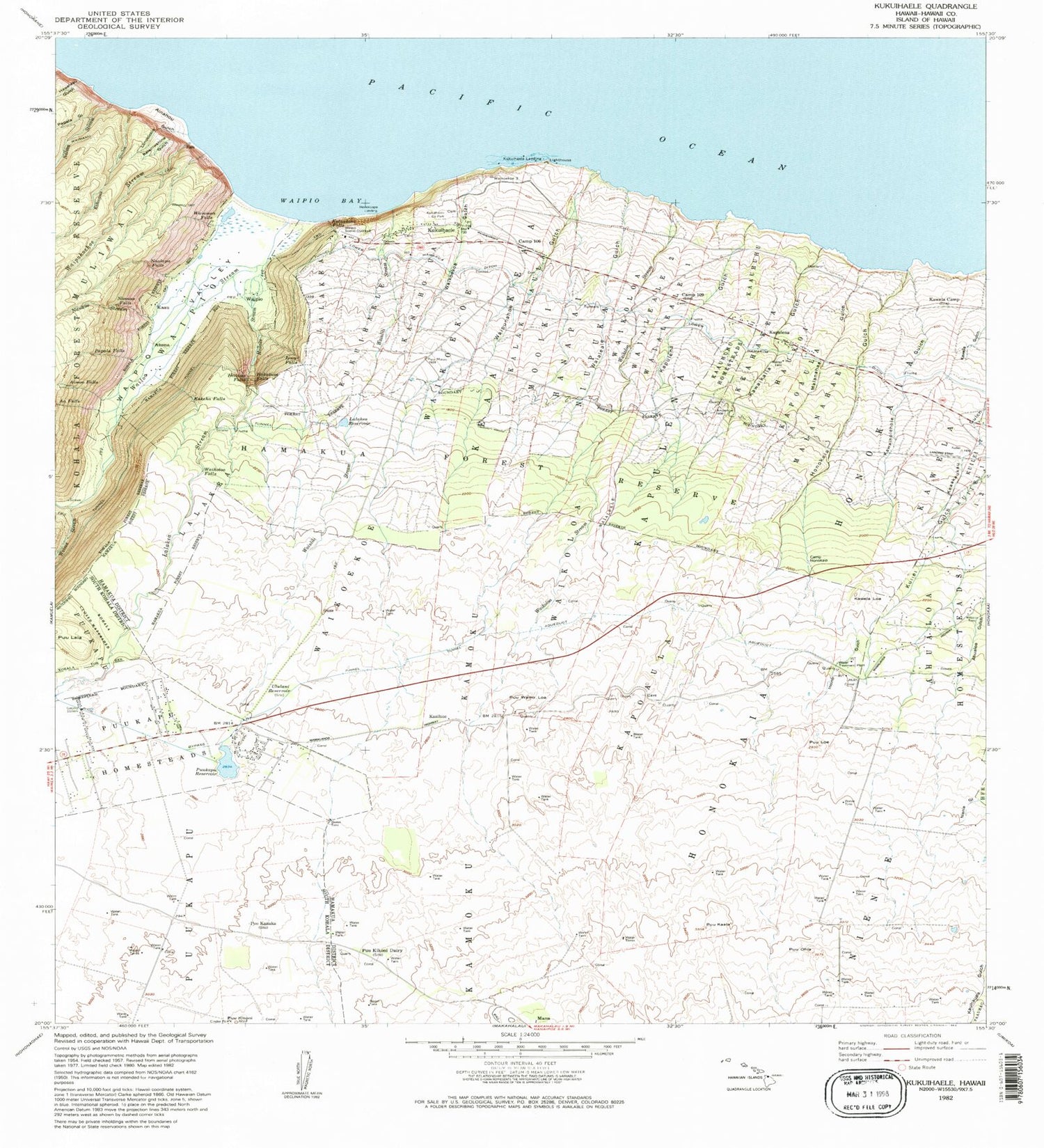 Classic USGS Kukuihaele Hawaii 7.5'x7.5' Topo Map Image