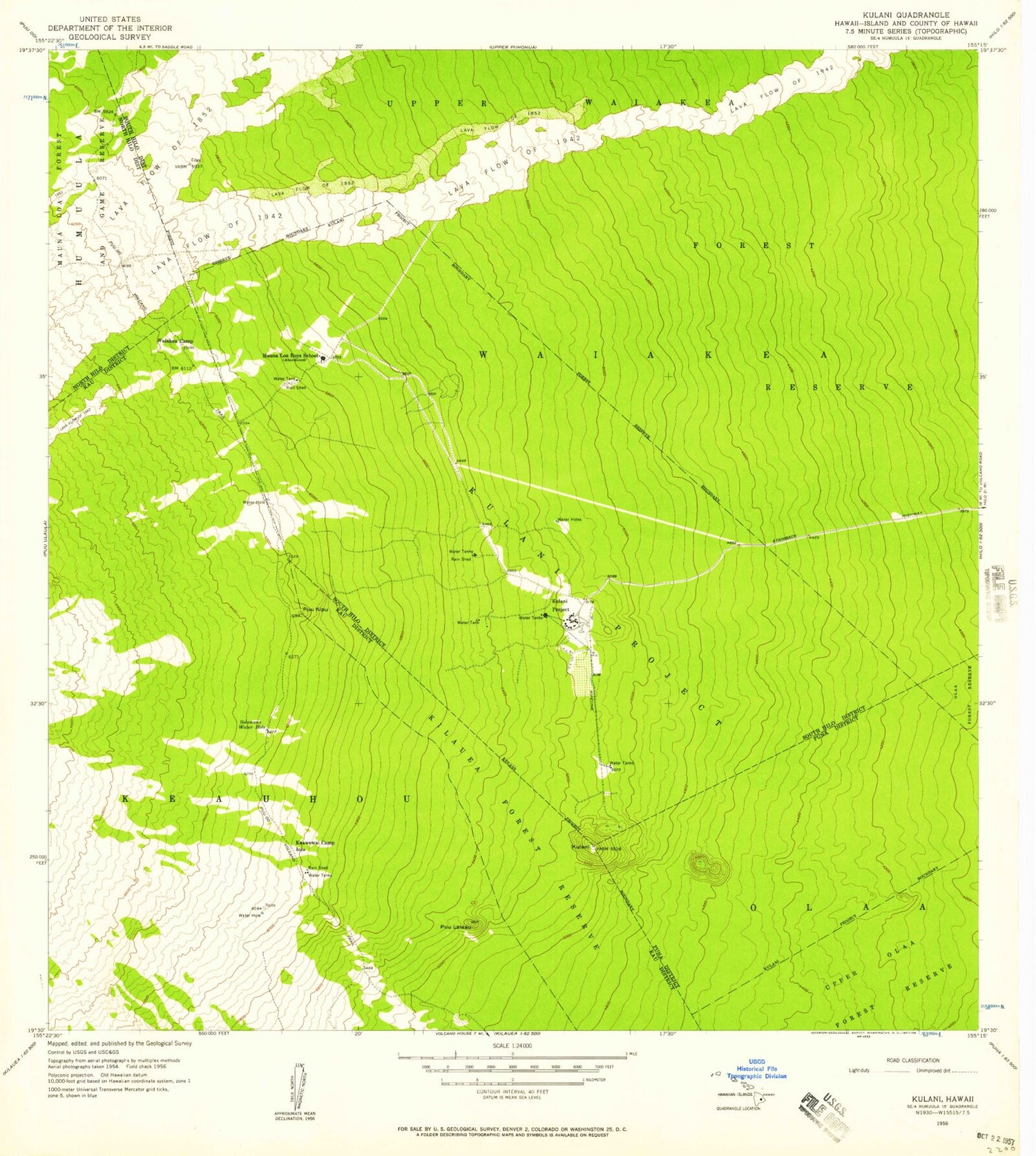 Classic USGS Kulani Hawaii 7.5'x7.5' Topo Map Image