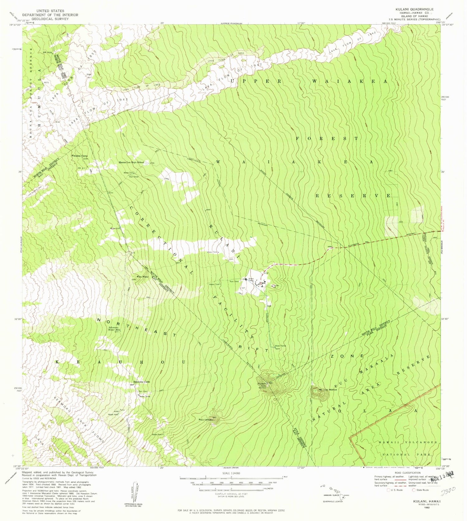 Classic USGS Kulani Hawaii 7.5'x7.5' Topo Map Image