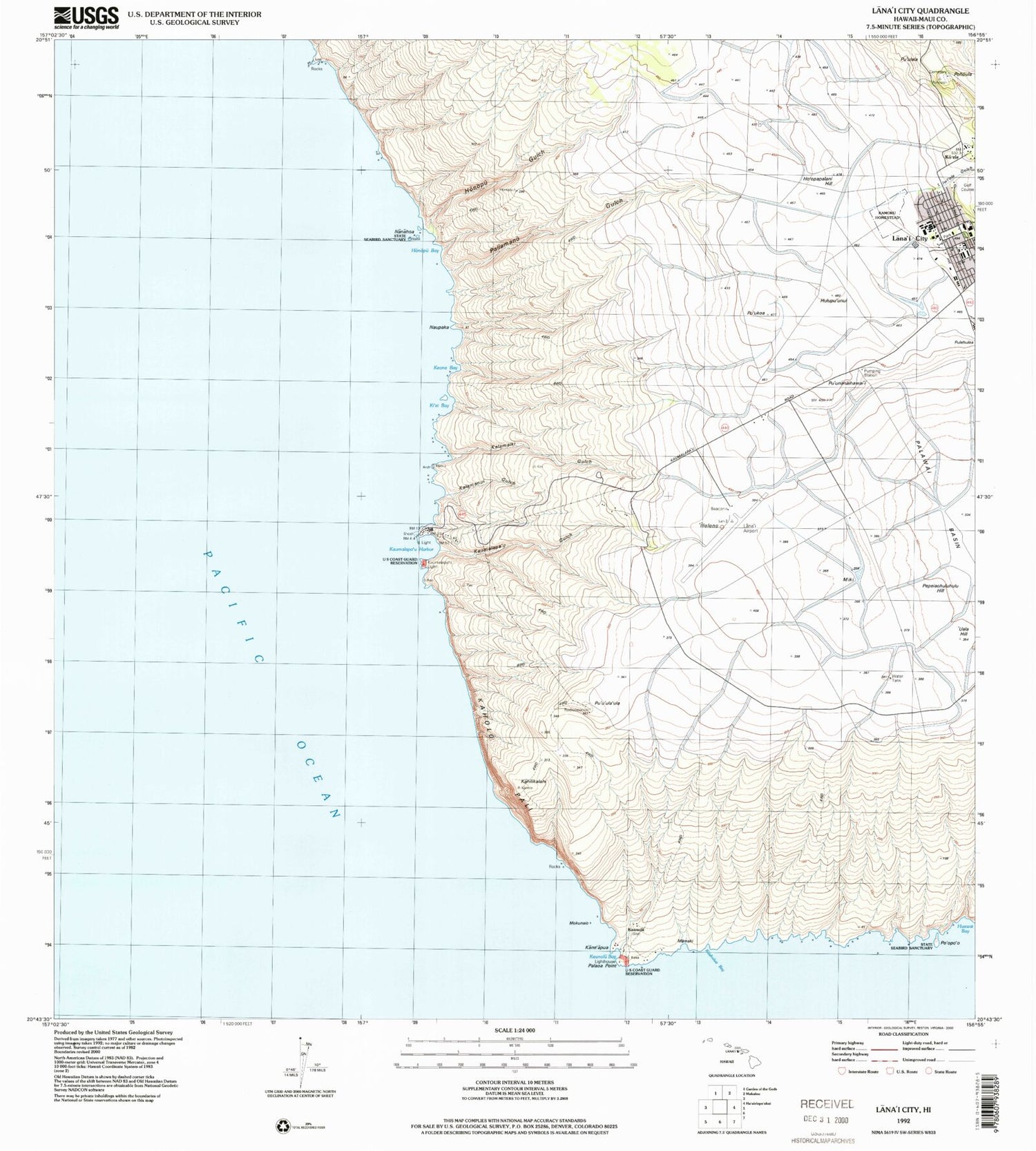 Classic USGS Lanai City Hawaii 7.5'x7.5' Topo Map Image