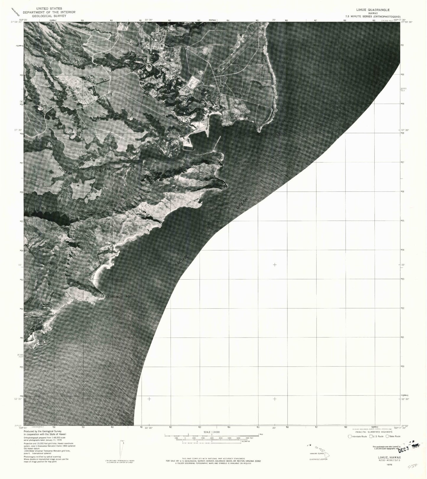 Classic USGS Lihue Hawaii 7.5'x7.5' Topo Map Image