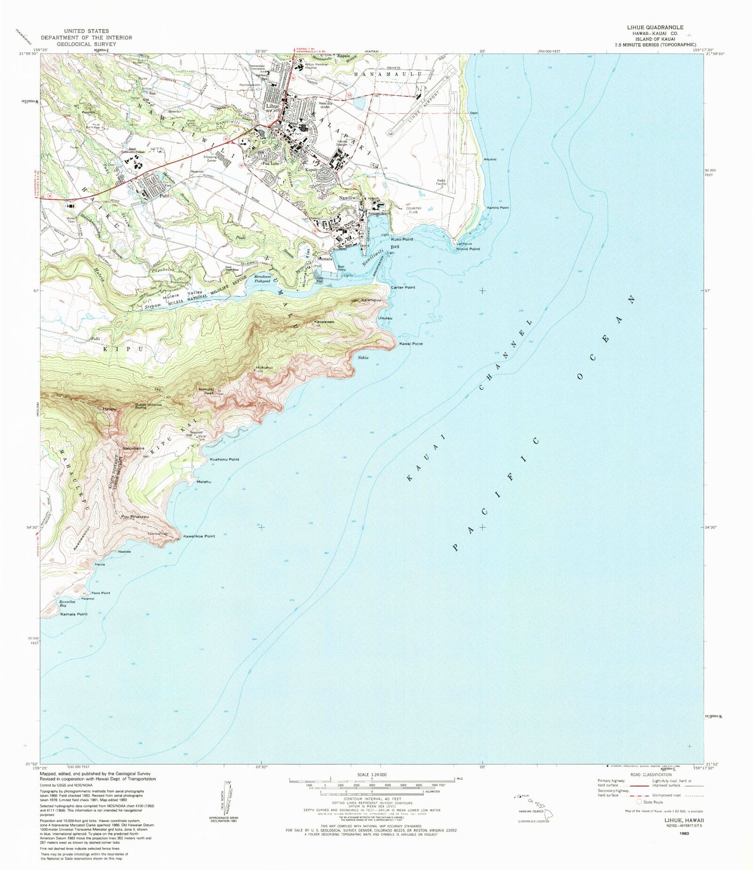 Classic USGS Lihue Hawaii 7.5'x7.5' Topo Map Image
