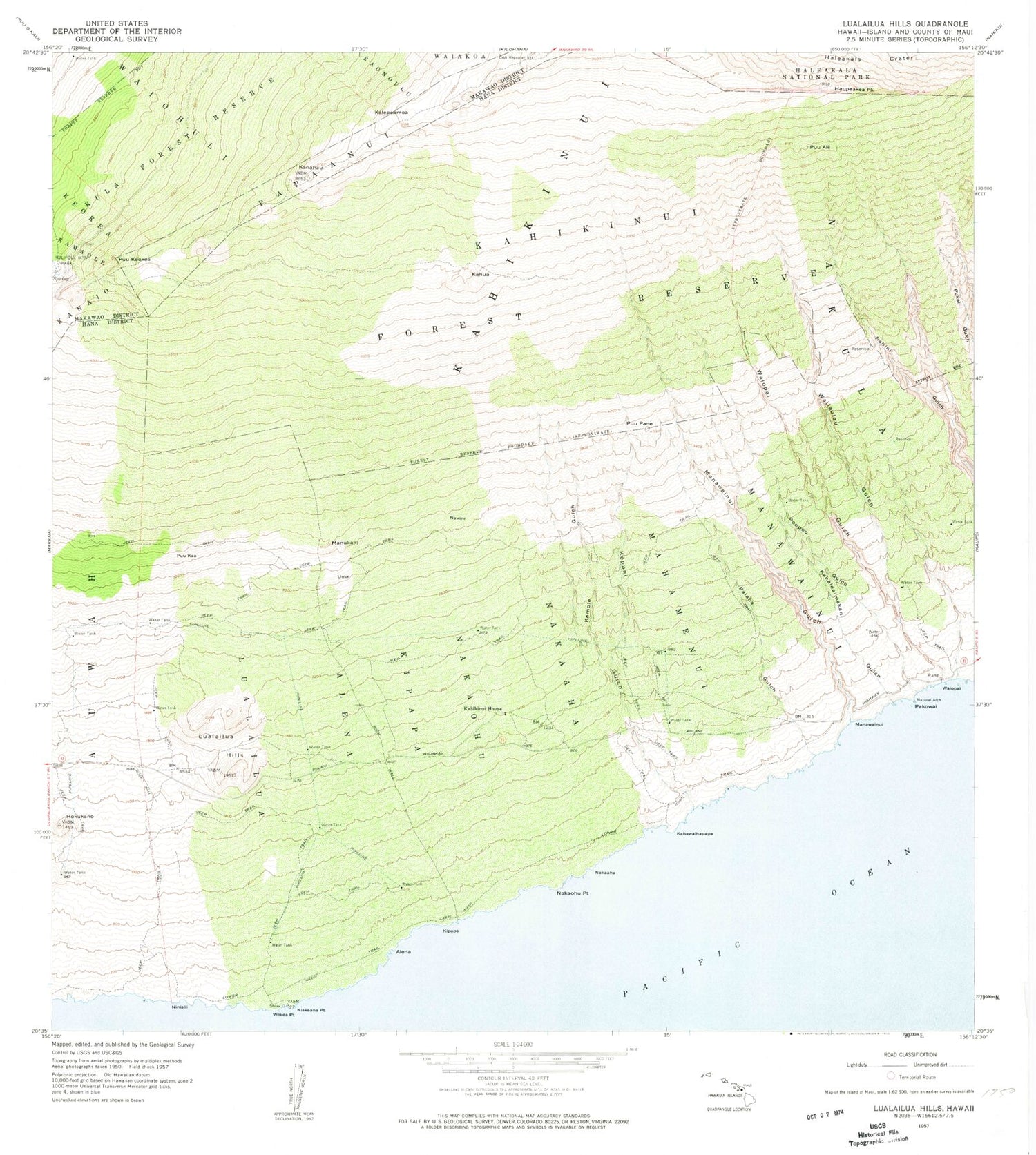 Classic USGS Lualailua Hills Hawaii 7.5'x7.5' Topo Map Image