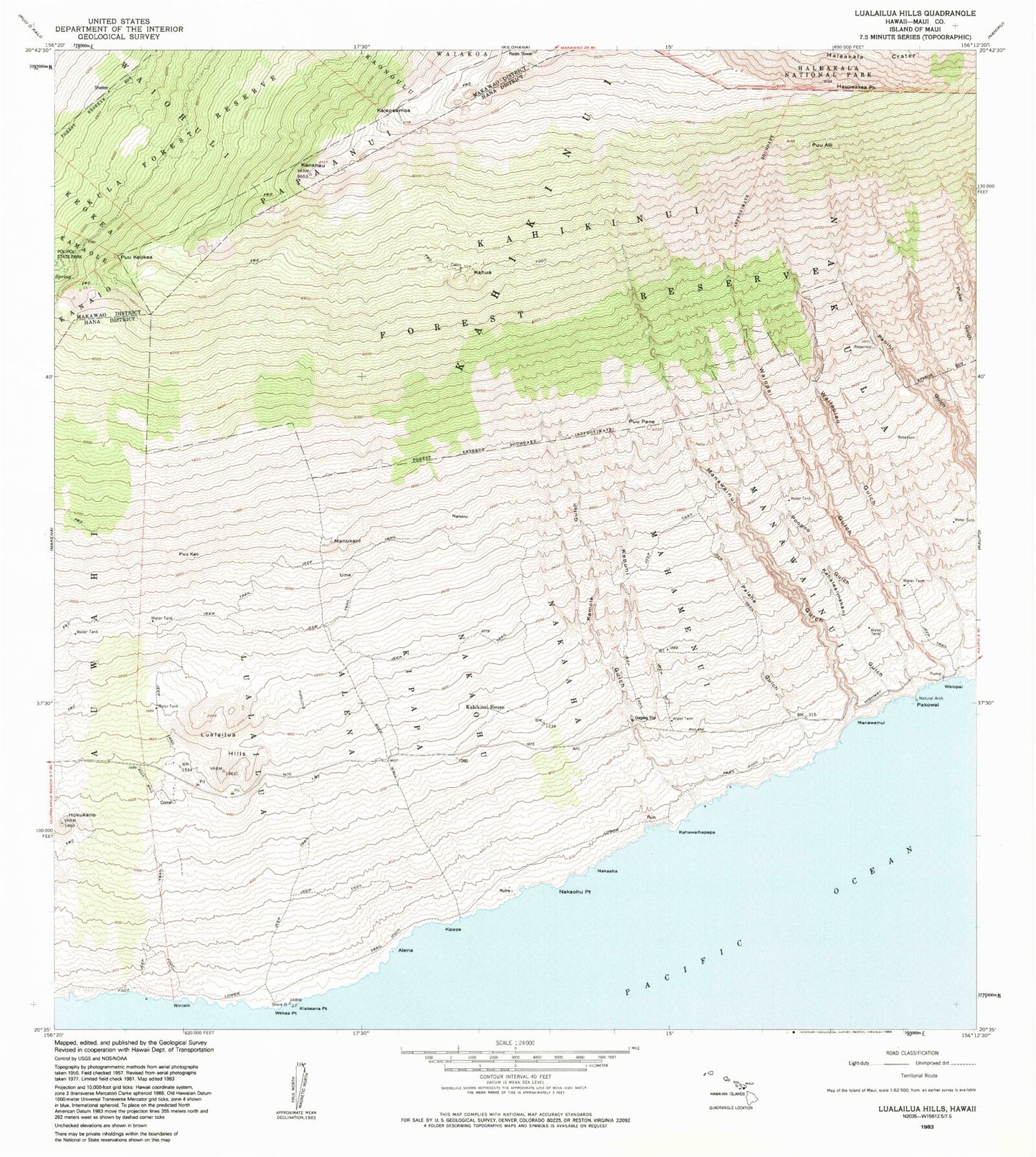 Classic USGS Lualailua Hills Hawaii 7.5'x7.5' Topo Map Image