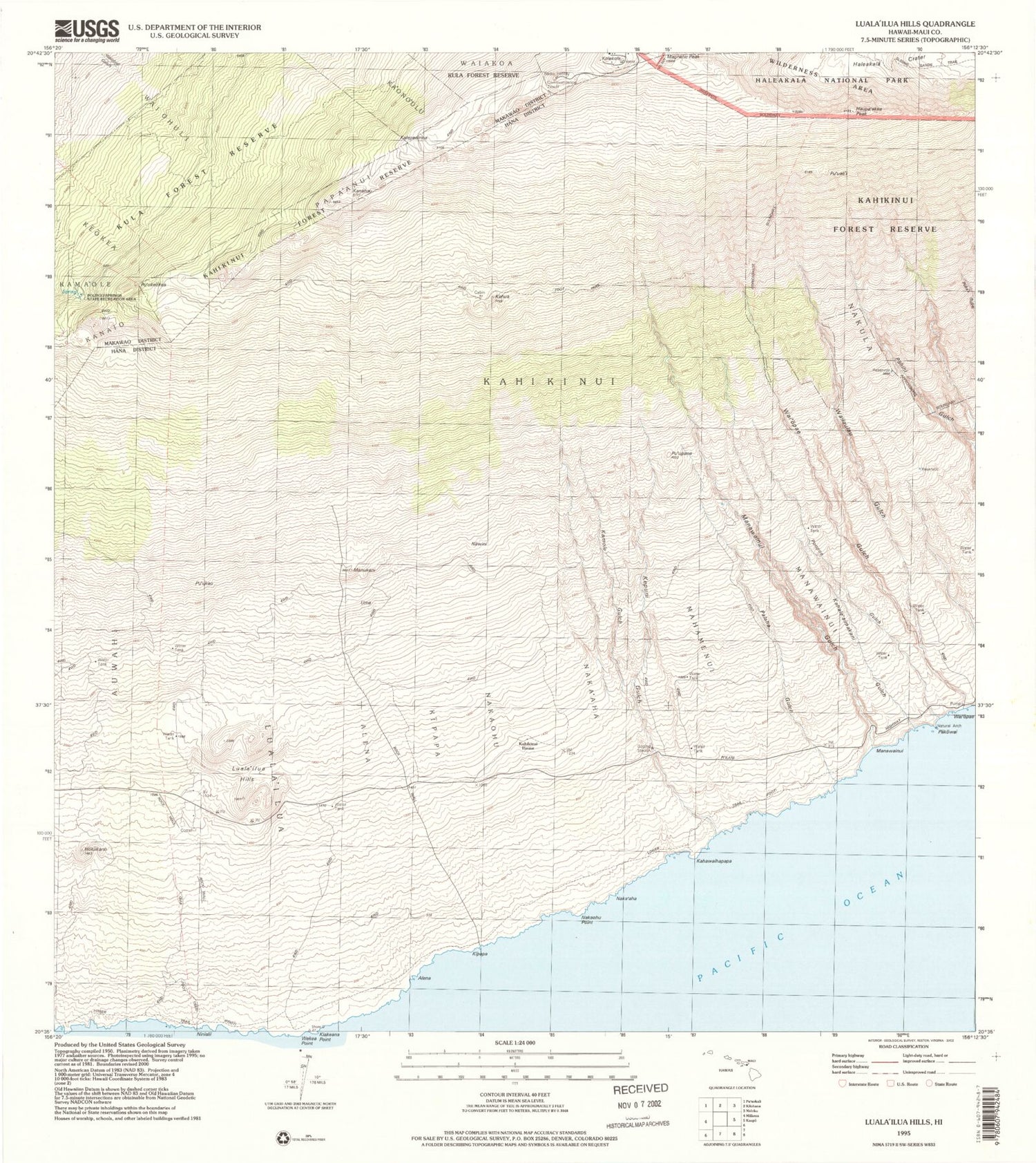 Classic USGS Lualailua Hills Hawaii 7.5'x7.5' Topo Map Image