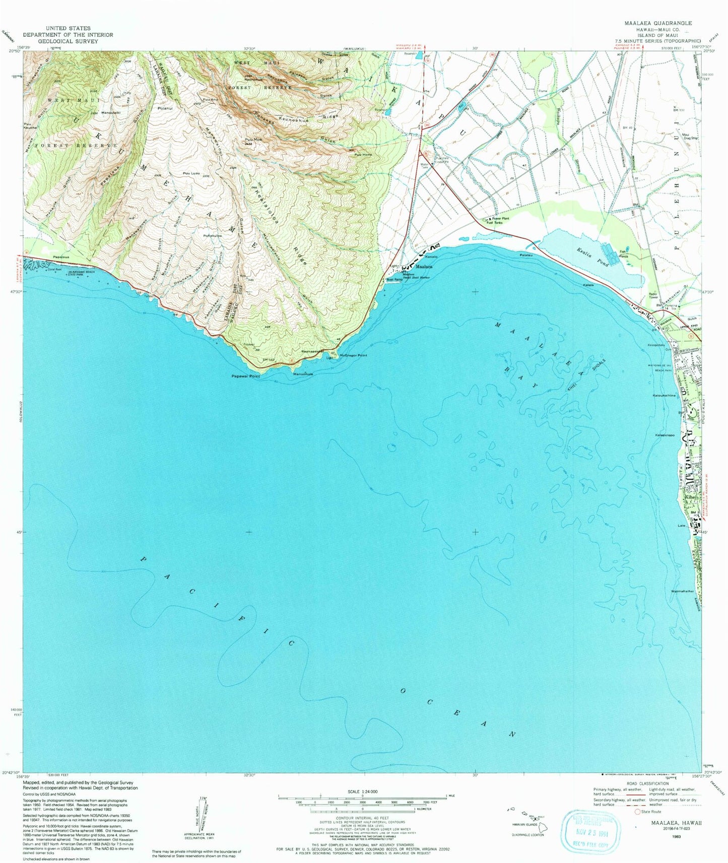 Classic USGS Maalaea Hawaii 7.5'x7.5' Topo Map Image