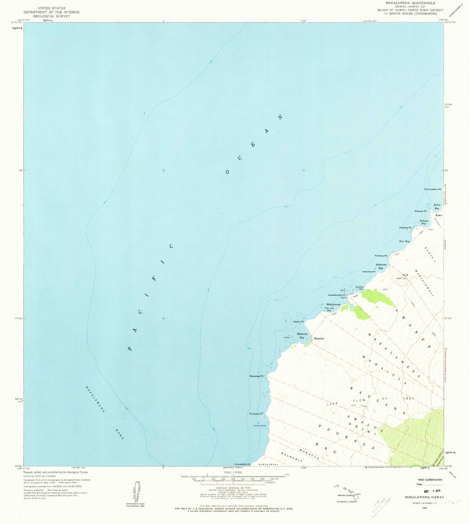 Classic USGS Makalawena Hawaii 7.5'x7.5' Topo Map Image