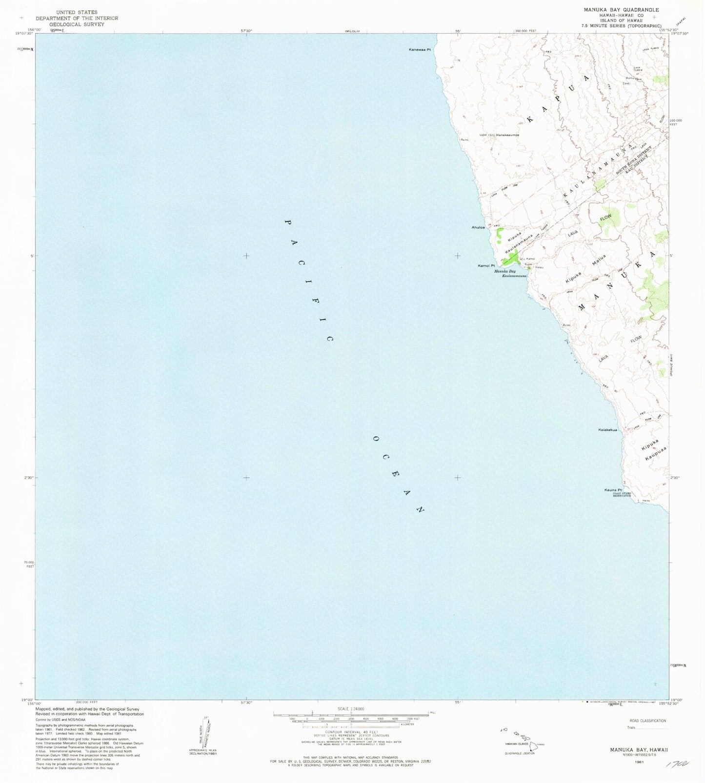 Classic USGS Manuka Bay Hawaii 7.5'x7.5' Topo Map Image