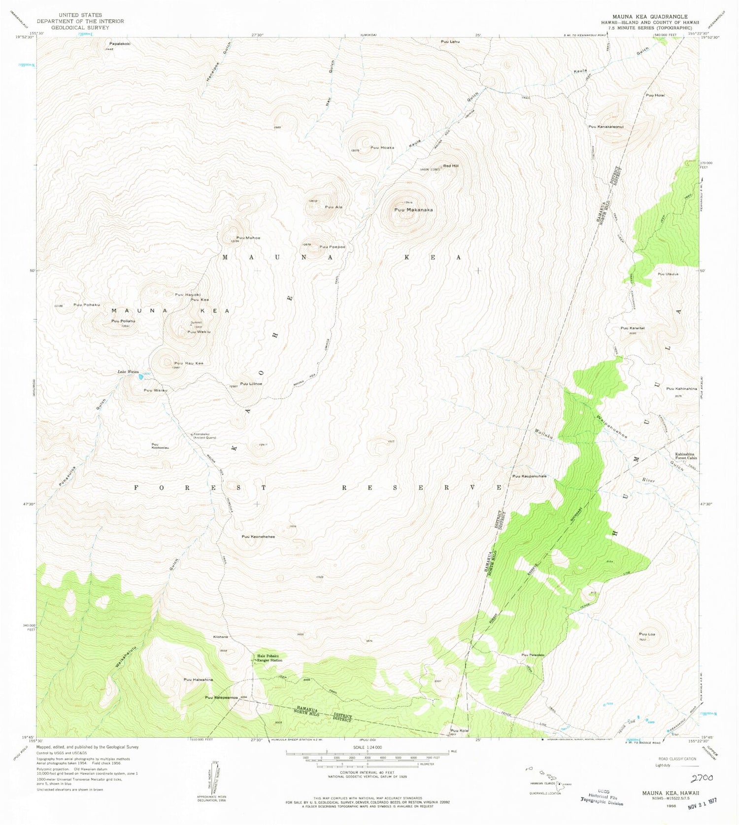 Classic USGS Mauna Kea Hawaii 7.5'x7.5' Topo Map Image