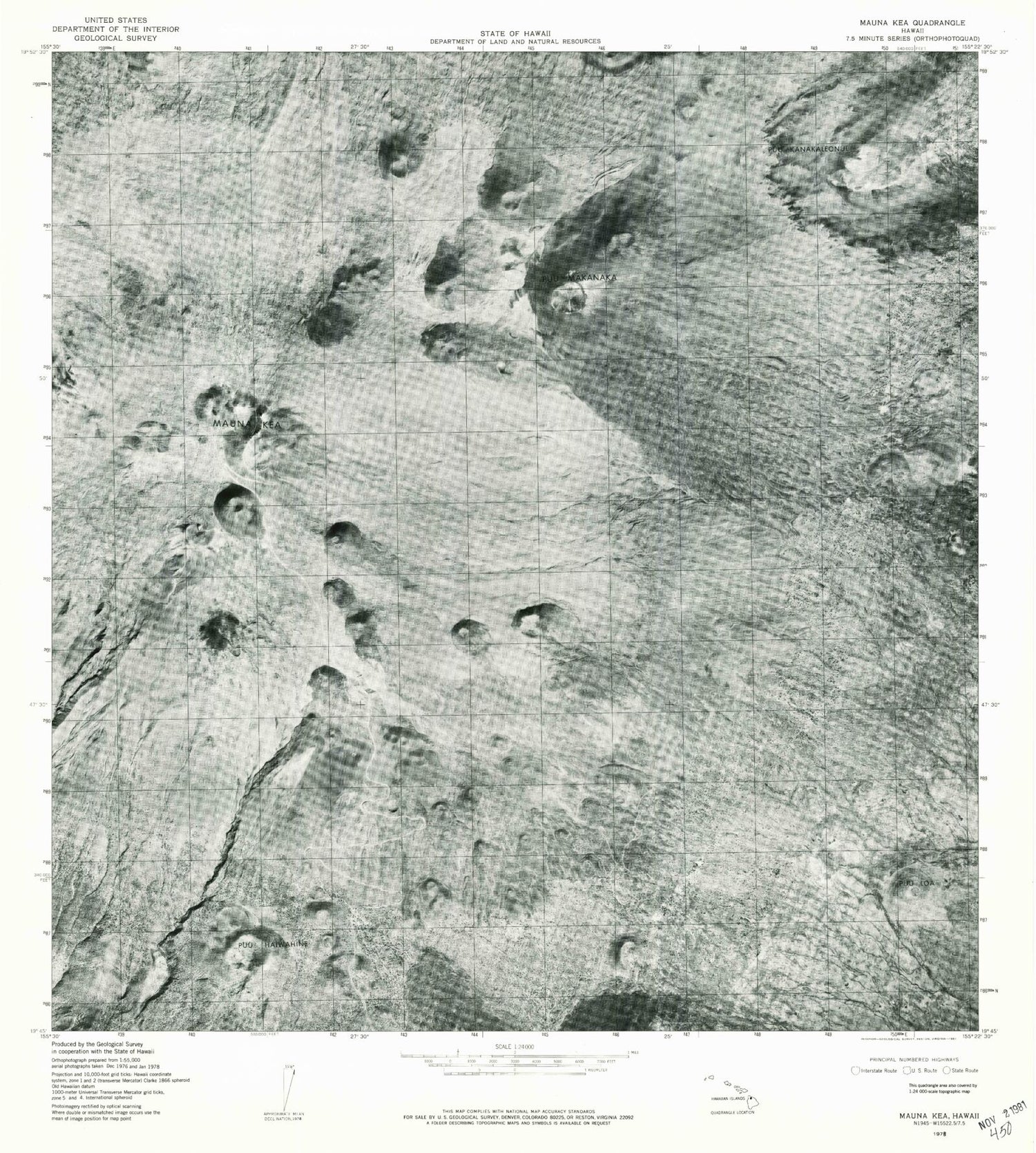 Classic USGS Mauna Kea Hawaii 7.5'x7.5' Topo Map Image