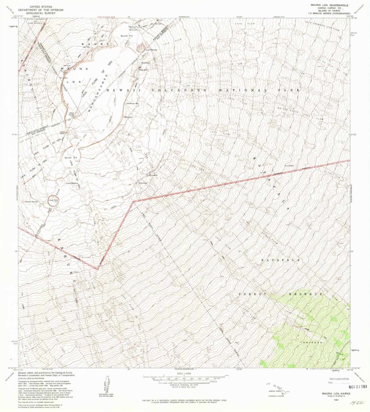Classic USGS Mauna Loa Hawaii 7.5'x7.5' Topo Map Image