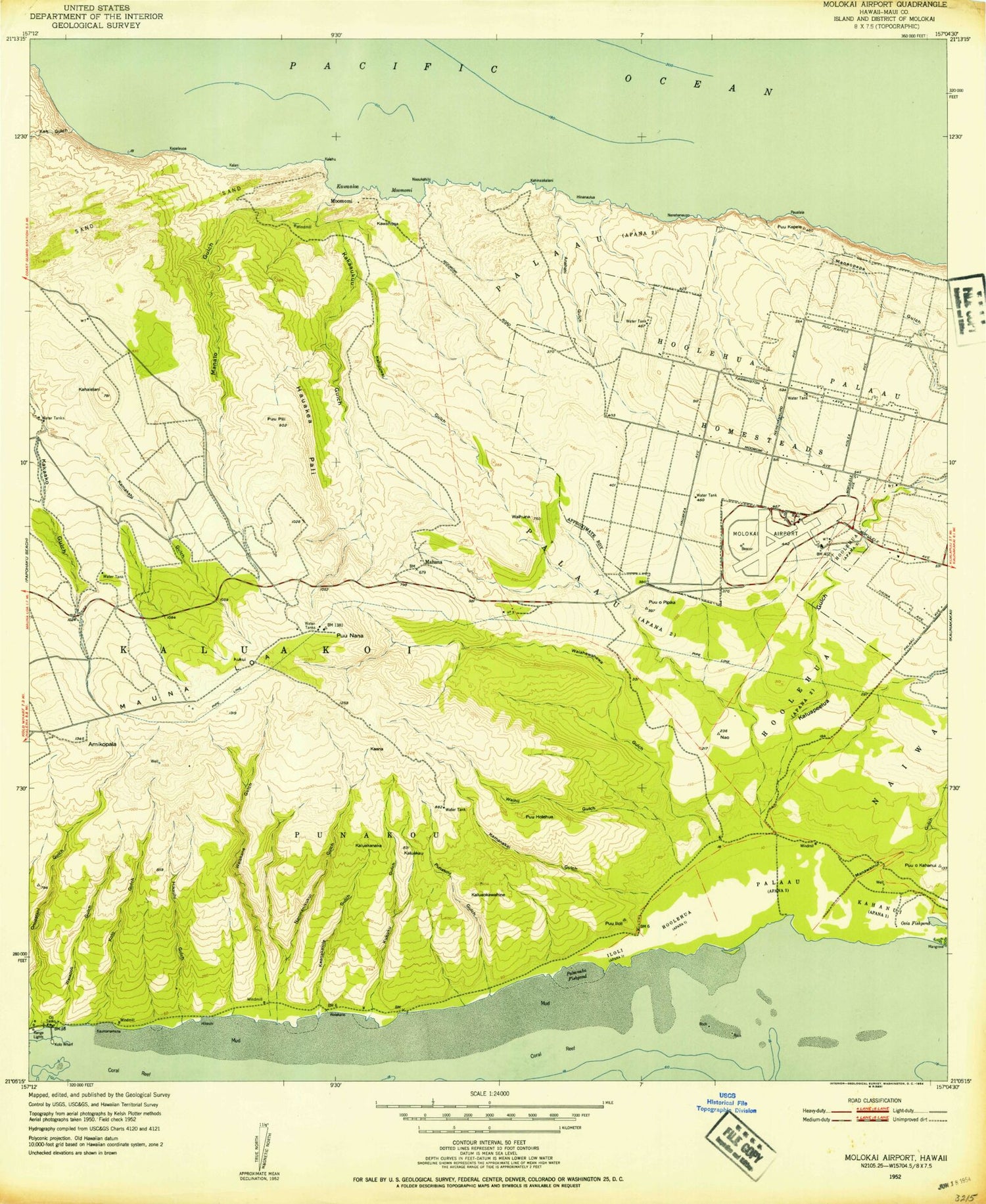 Classic USGS Molokai Airport Hawaii 7.5'x7.5' Topo Map Image