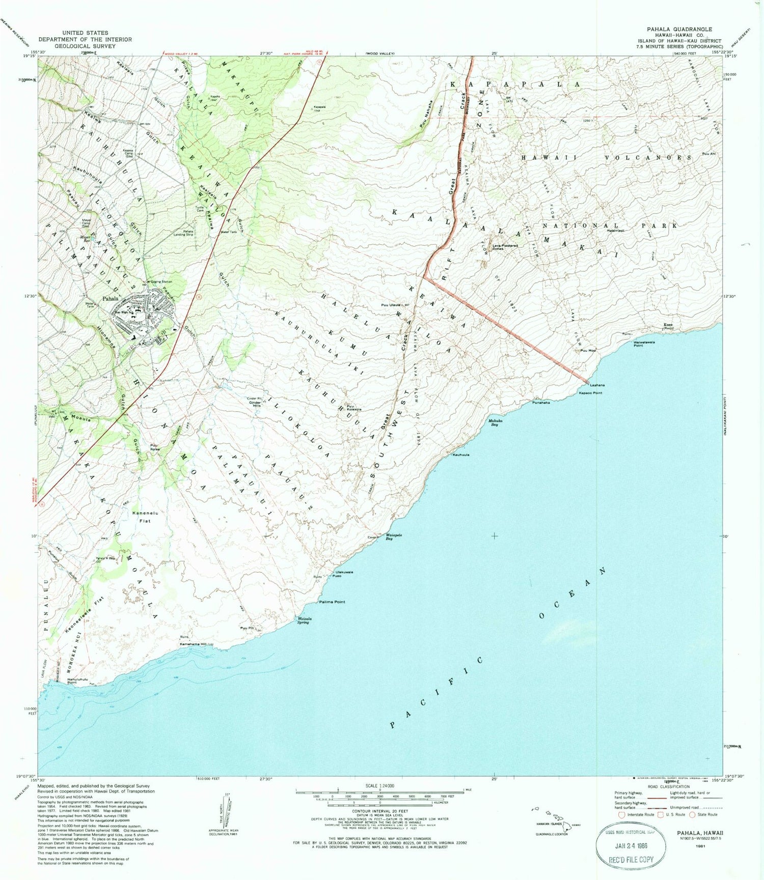 Classic USGS Pahala Hawaii 7.5'x7.5' Topo Map Image