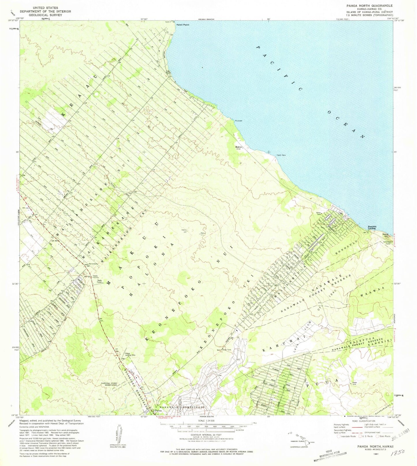 Classic USGS Pahoa North Hawaii 7.5'x7.5' Topo Map Image